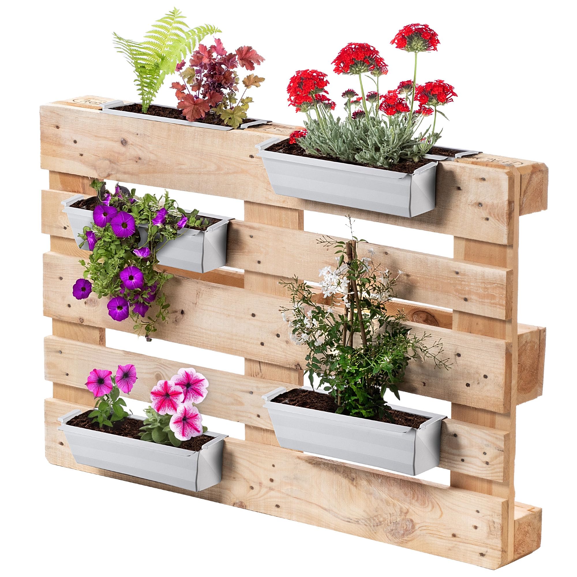 KADAX Lot de 6 jardinières pour palettes avec système de suspension, 37 x 9 cm, blanches, à planter et décorer, bac à fleurs pour palettes européennes, insert de pot de fleurs et cache-pot dans les
