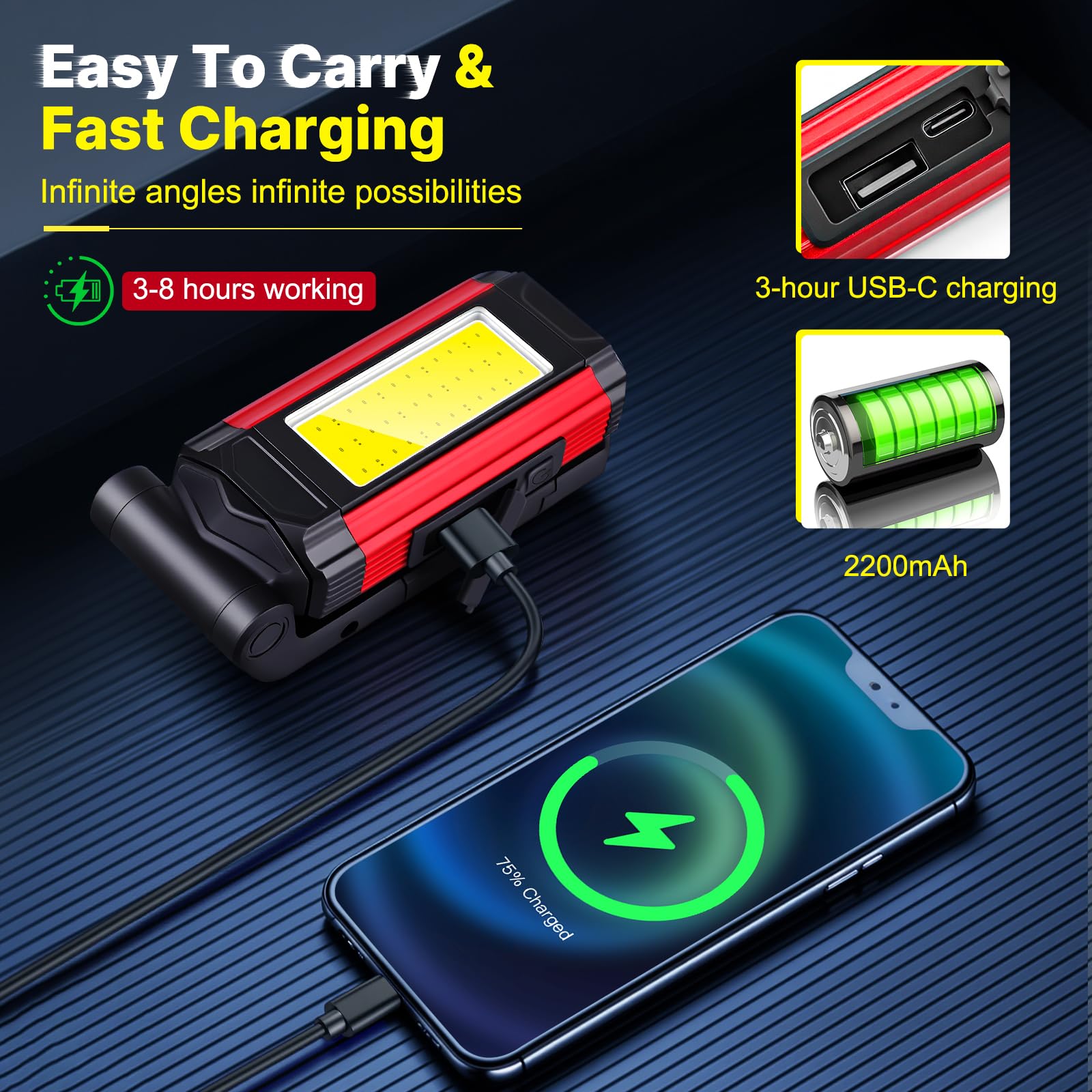 Lampe Travail Led Rechargeable, Baladeuse Led Mecanicien, Lampes d'inspection, Lampe Atelier CoB, Support Rotatif et Crochet Magnétique Pliable, Idéal pour Réparations, Camping Les Urgences, 2 Pièce
