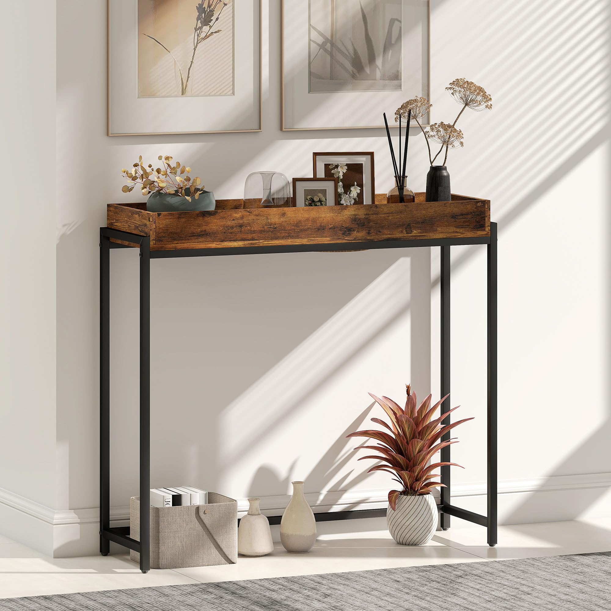 HOMCOM Konsola, stół do przedpokoju z poręczą, 100 x 30 x 91 cm, stolik pomocniczy z metalową ramą, stolik do sofy, mały stół wystawowy do małego pokoju, wejścia, korytarza, salonu, rustykalny brązowy