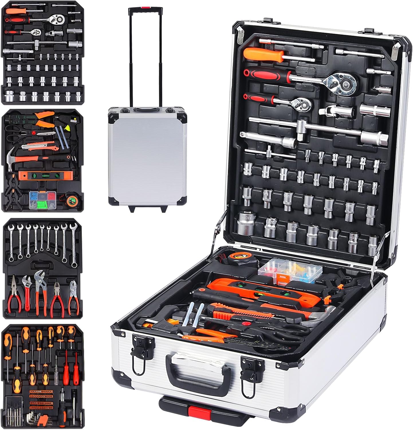 HARFINGTON 186pcs Tool Set with Aluminum Rolling Trolley Case, Portable Repair Kit Set Including Socket Wrench Mechanic Tool Set, Tool Box for Home Maintenance