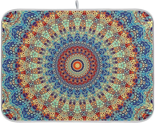 Tapete de secado de platos con diseño de mandala, absorbente, reversible, para encimeras de cocina, fregaderos, 16 x 18 pulgadas