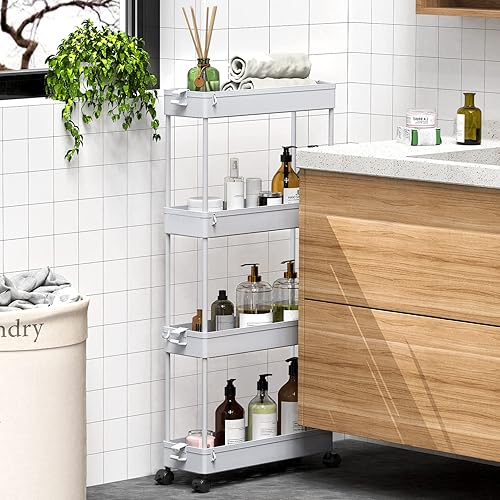 Miniatura 5 de SPACEKEEPER Carrito de almacenamiento delgado y rodante, organizador de baño de 4 niveles, estantería móvil, carrito utilitario rodante, estante de