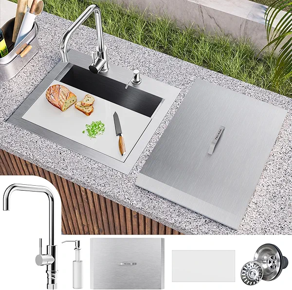 Outdoor Sink, TECASA 21 x 18 Inch Drop-in Workstation Kitchen Sink with Dust Lid and Faucet, T304 Stainless Steel Single Bowl Bar Basin with Cutting Board for Garage, RV, BBQ & Gardening