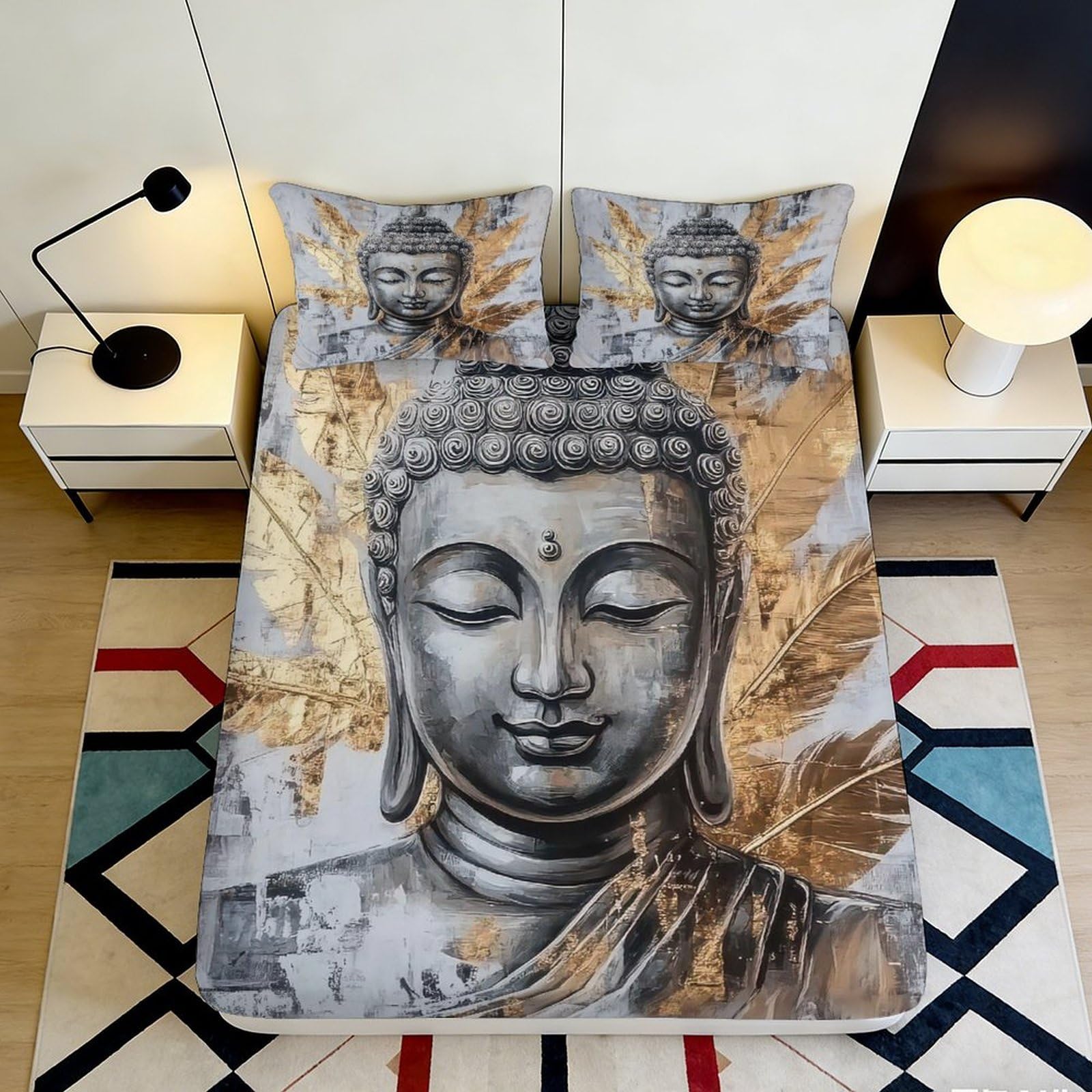 3D Printed Buddha Statue Fitted Sheet Microfiber Gold Leaf Art Mattress Cover for Bedroom Dorm Decor 90x200x25cm