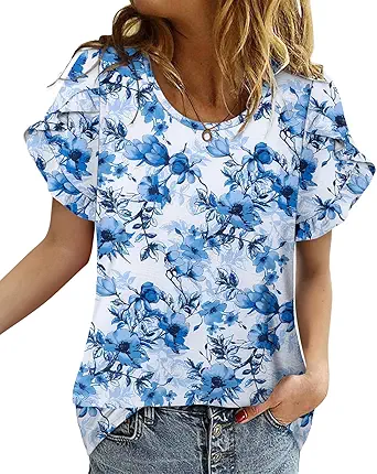 CRAZY GRID Women's Shirts Summer Casual Crewneck Ruffle Short Sleeve Blouses Cute Floral Print Tunic Tops