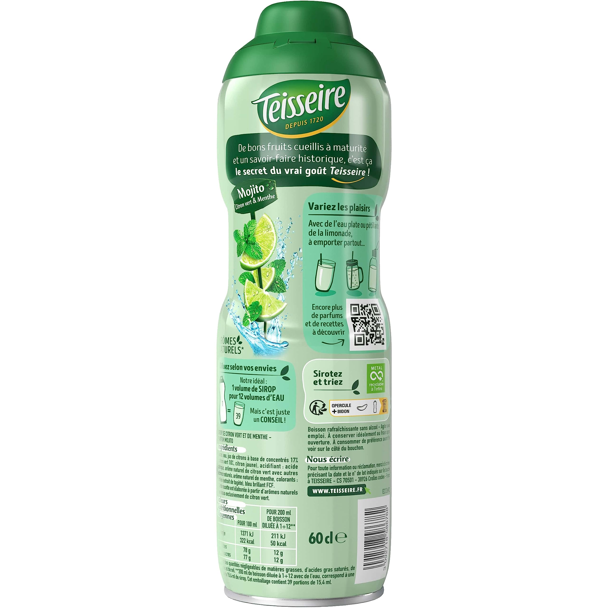 Teisseire Jarabe Mojito para Bebida Refrescante, Cócteles, Bidón Reciclable 6 x 60 cl