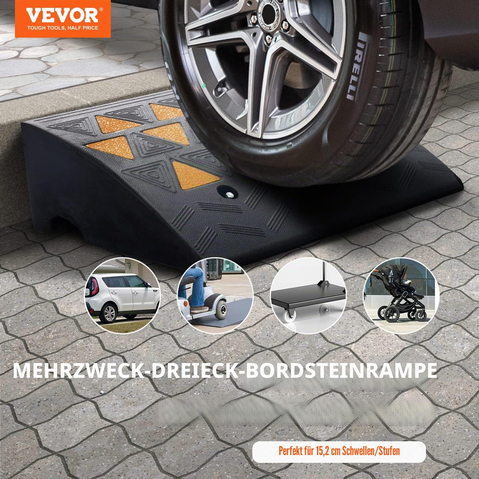 VEVOR Bordsteinrampen aus Gummi, 15,2 cm hoch, sehr robust, 15 Tonnen, Schwellenrampen mit stabiler Gitterstruktur für Autos, Rollstühle, 2 Stück