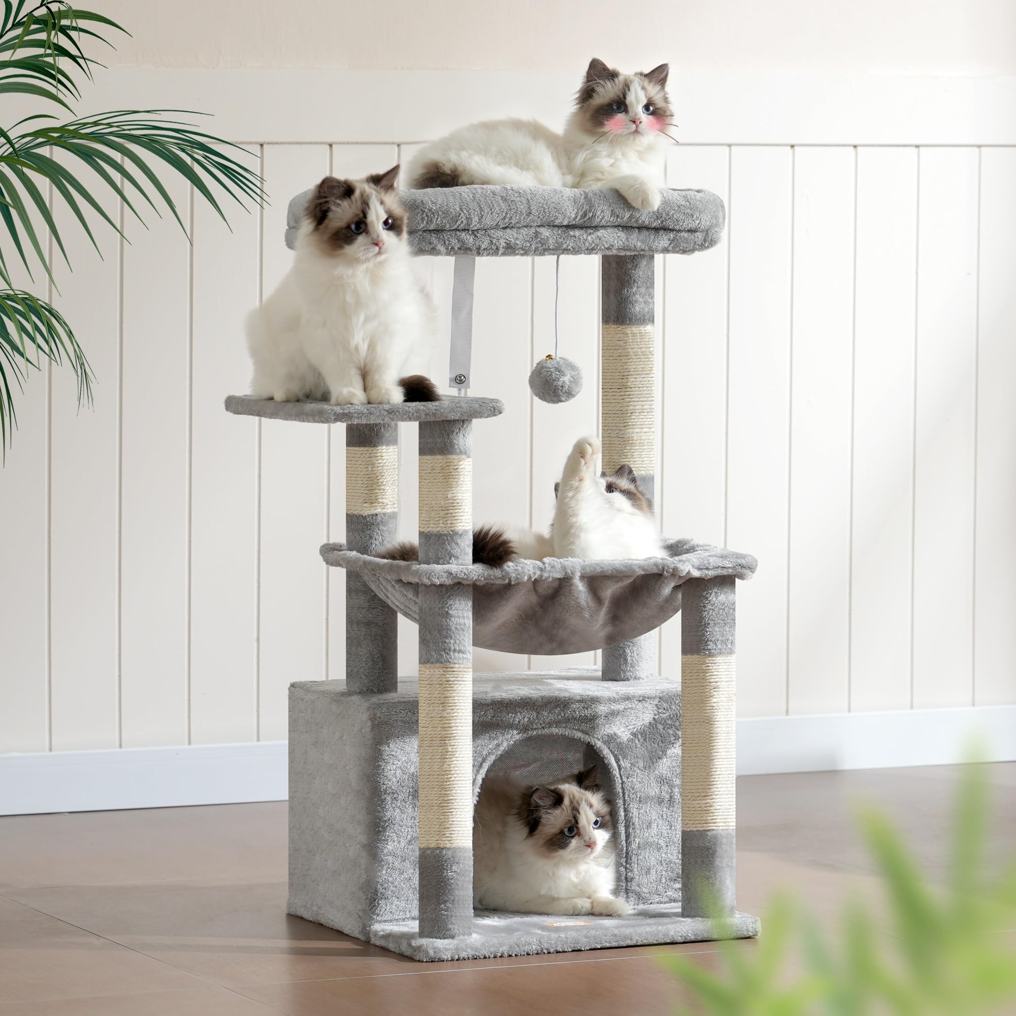 Heybly Arbre À Chat, Arbre À Chat avec Très Grand Panier pour Matou, Bois À Matou avec Lit Spacieux pour Matou Et Couchette Cachée, et Balle en Peluche, Gris Clair HCT008SW