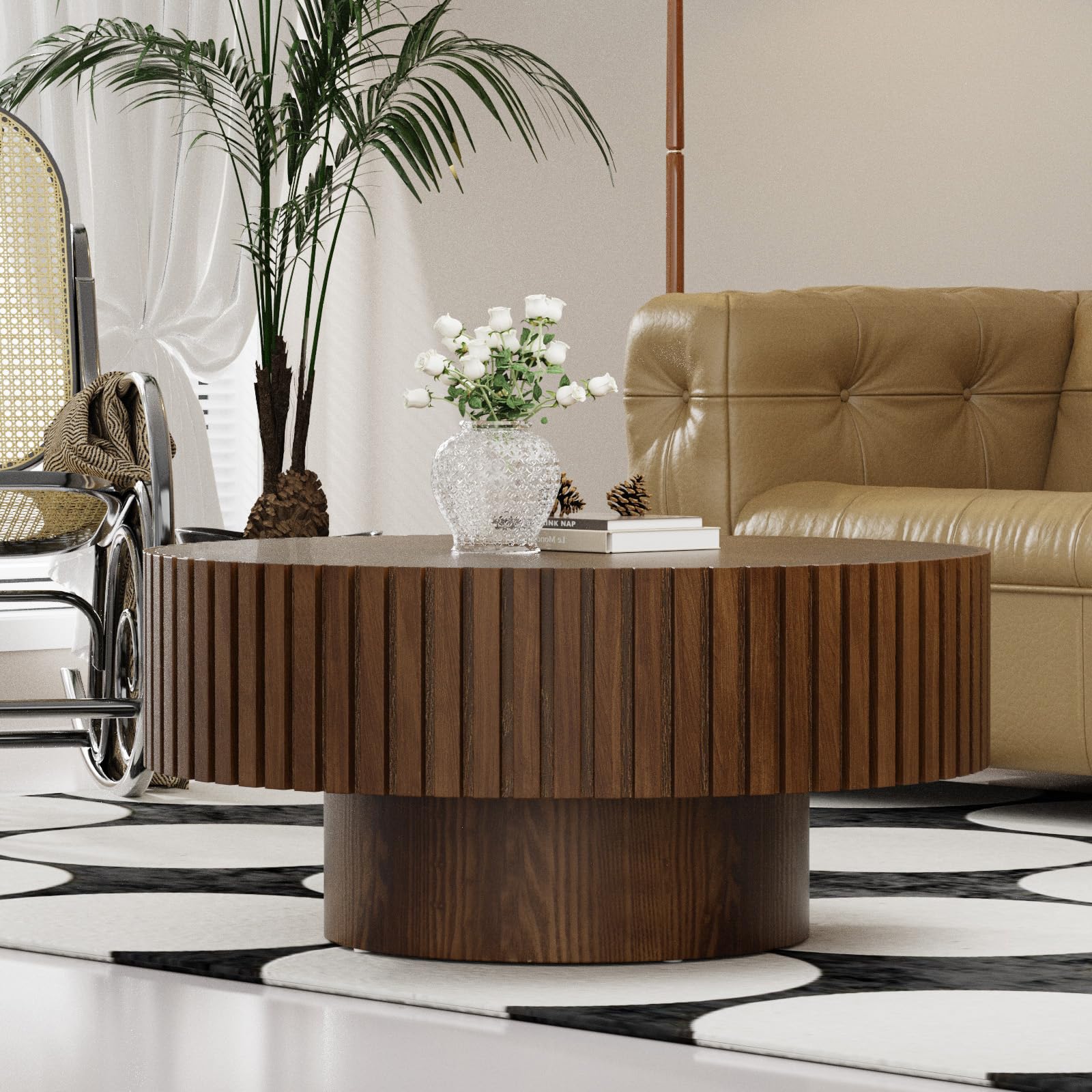 SOUWOFS Round Wood Coffee Tables Handcraft Drum Coffee Tables Modern Unique Coffee Table Small Coffee Table Contemporary Drum Fluted Center Table with