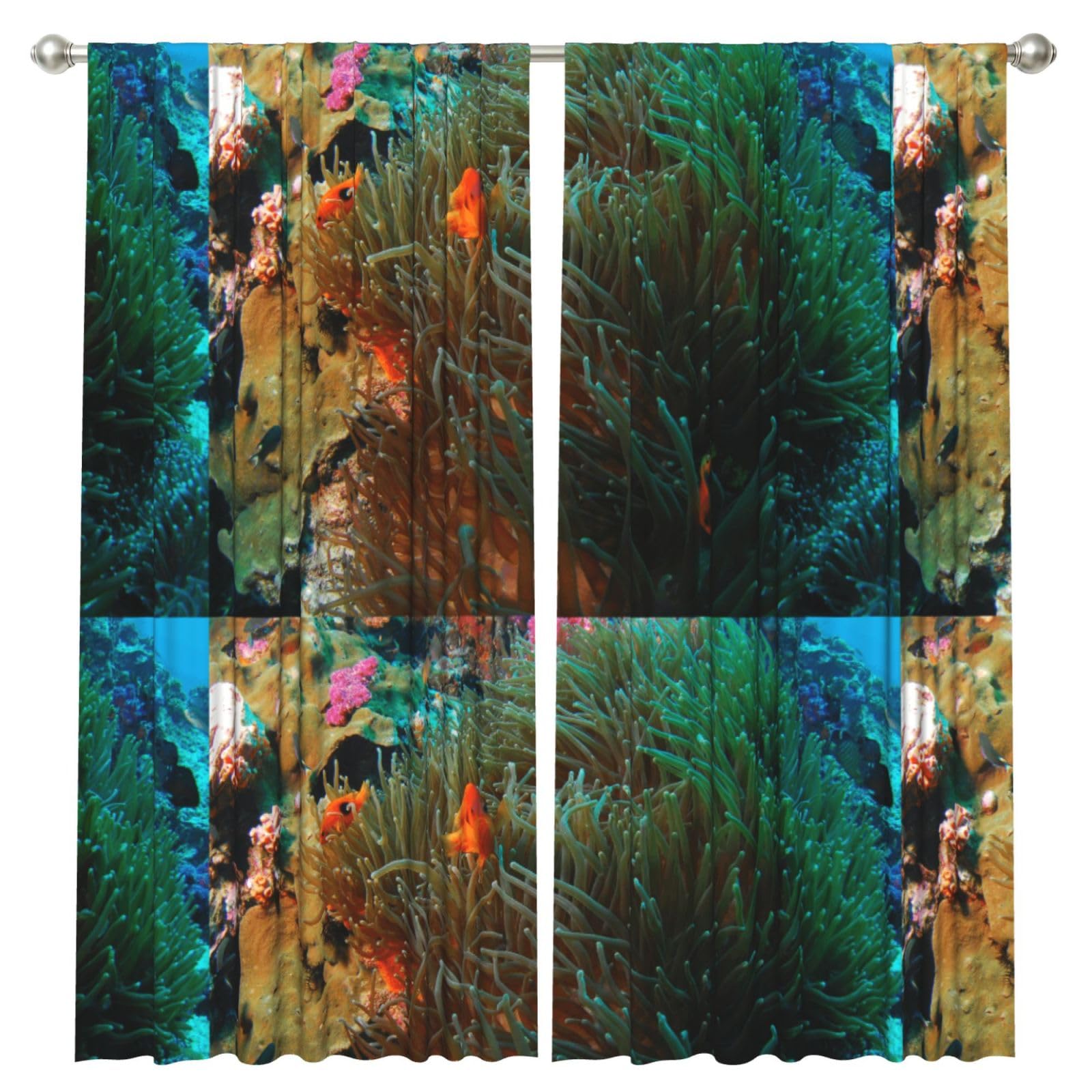 InOmak Coral And Fish Printe, 2 Panels Window Curtains 52 x 84 Inch Blackout Curtains for Living Room Bedroom