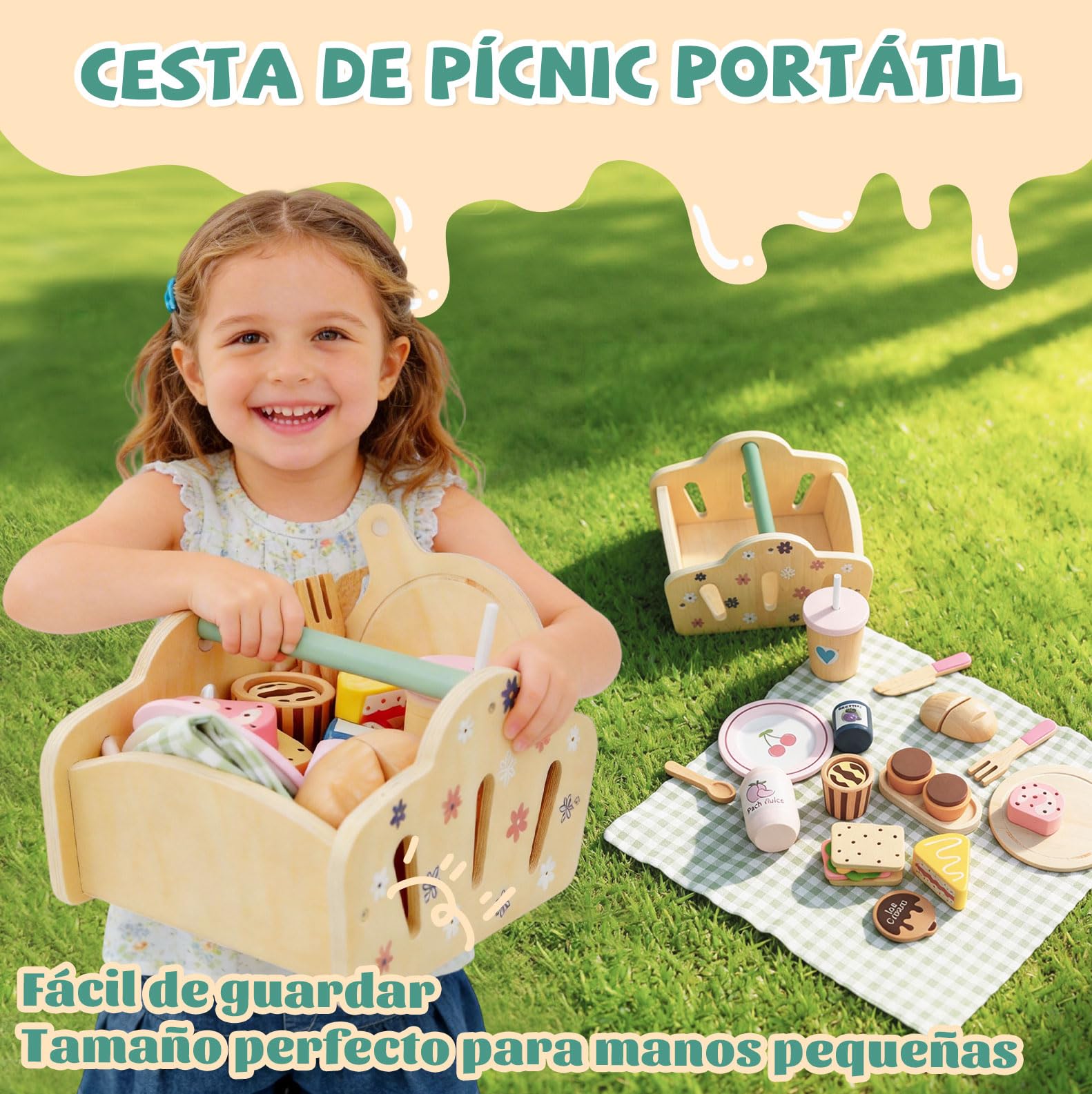 Juego de picnic para niños con juego de té para niños, incluye juguete de postre, juguete de madera y juguetes de jardín al aire libre para niños y niñas