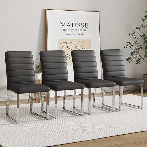 Miniatura 21 de Juego de 4 sillas de comedor modernas, sillas de cocina de piel sintética gris, sillas de comedor tapizadas sin brazos con patas mentales plateadas,