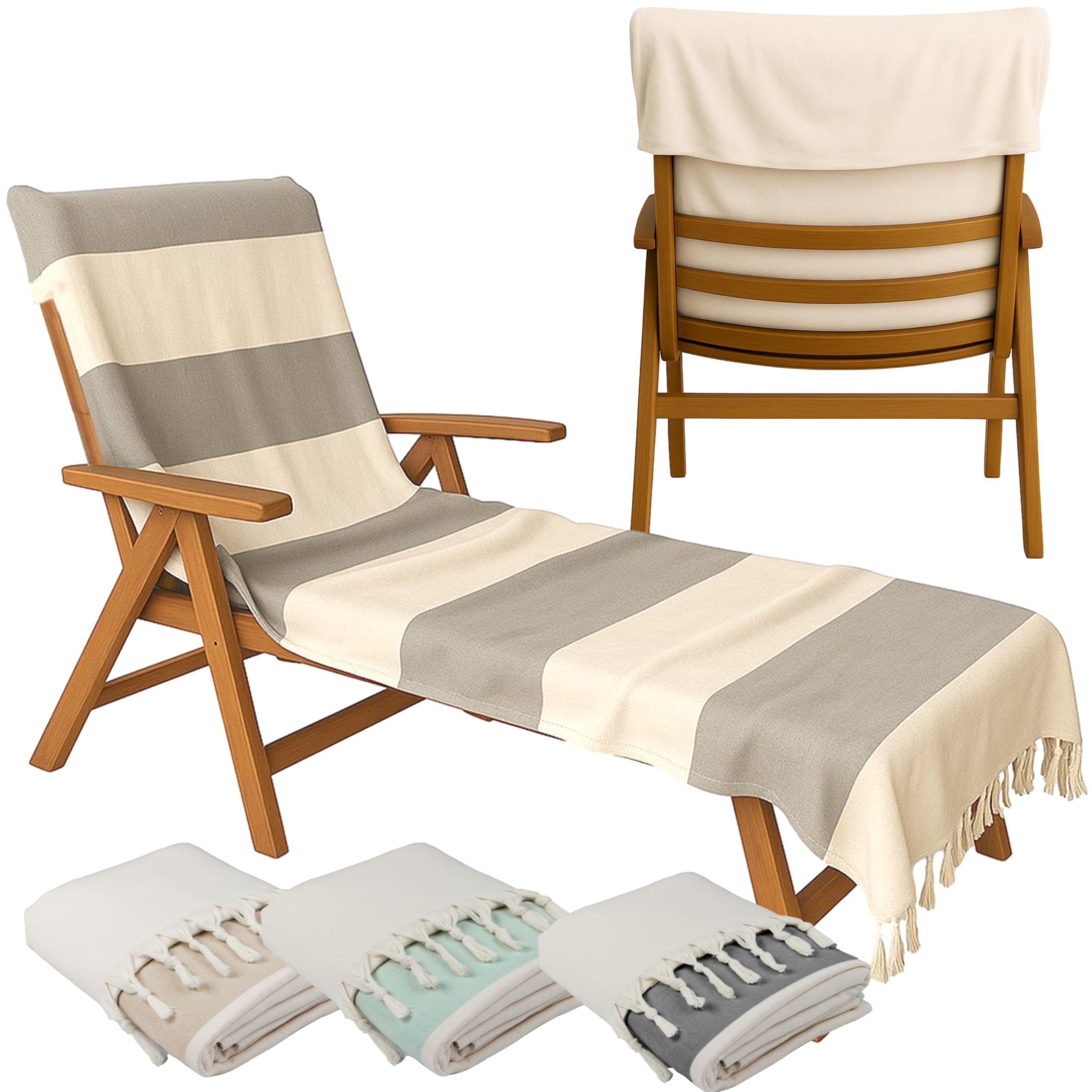 CalmyBEACH Towel for Sun Lounger 200 x 70 cm - with Hood 100% Cotton Protective Cover for Garden Lounger Lounger Towel with Envelope Deck Chair Cover Lounger Beach Lounger (Grey/Natural)