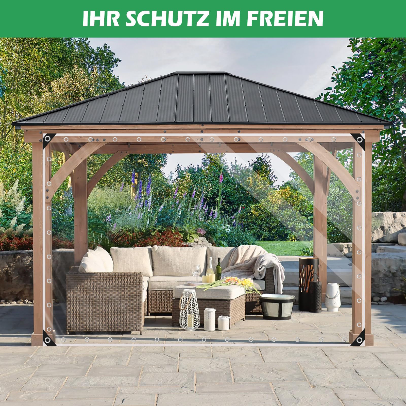 Plane Transparent mit Ösen, 3x3m 450g/m² PVC Transparent Abdeckplane | 20 Kabelbindern, 10m Befestigungsseil, Regenschutz Windschutz Wasserdicht Gewebeplane für Terrassen Außenbereich