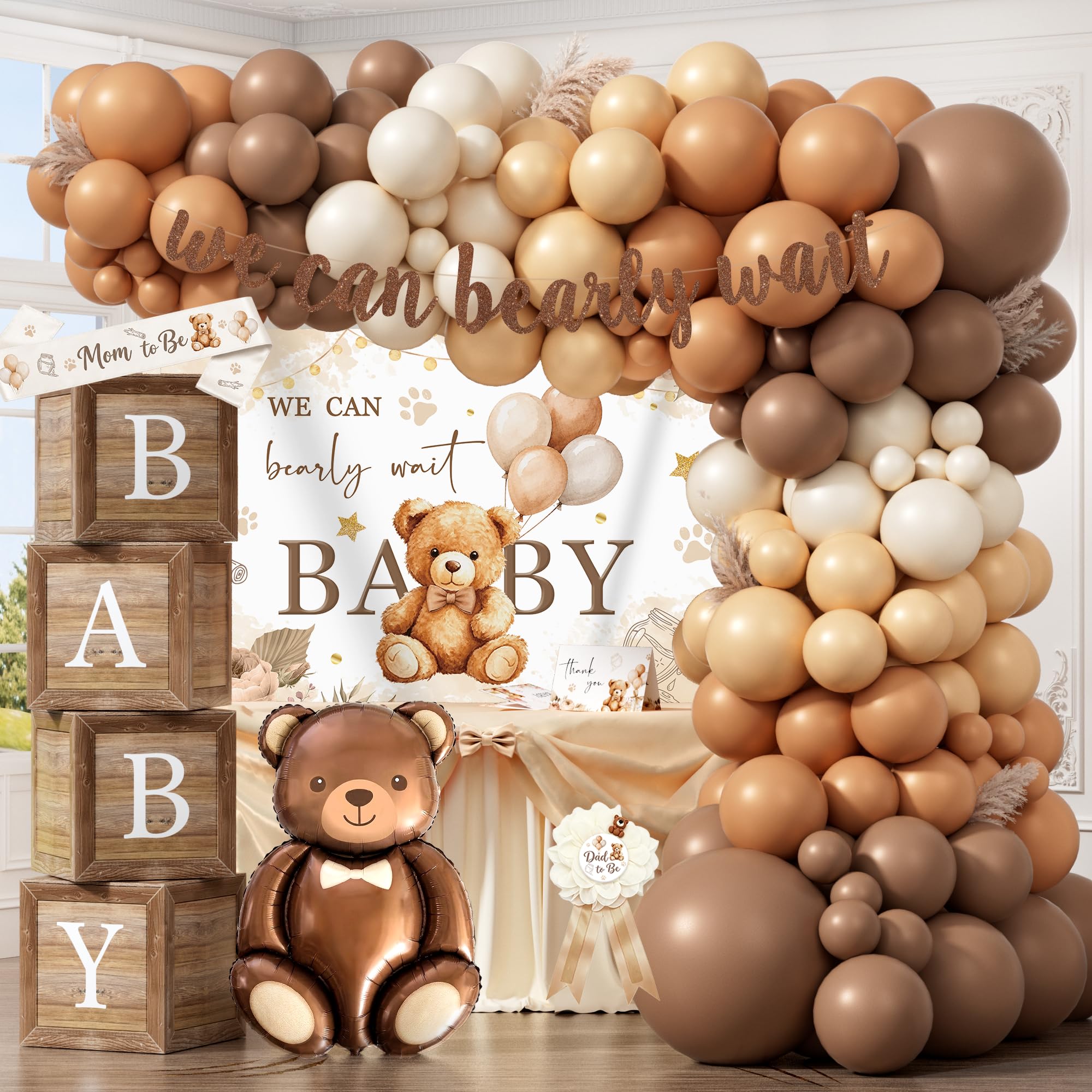 We Can Bearly Wait - Decoraciones de baby shower para niños, suministros de fiesta de oso para baby shower, telón de fondo We Can Bearly Wait, guirnalda de globos, pancarta para mamá y papá para ser