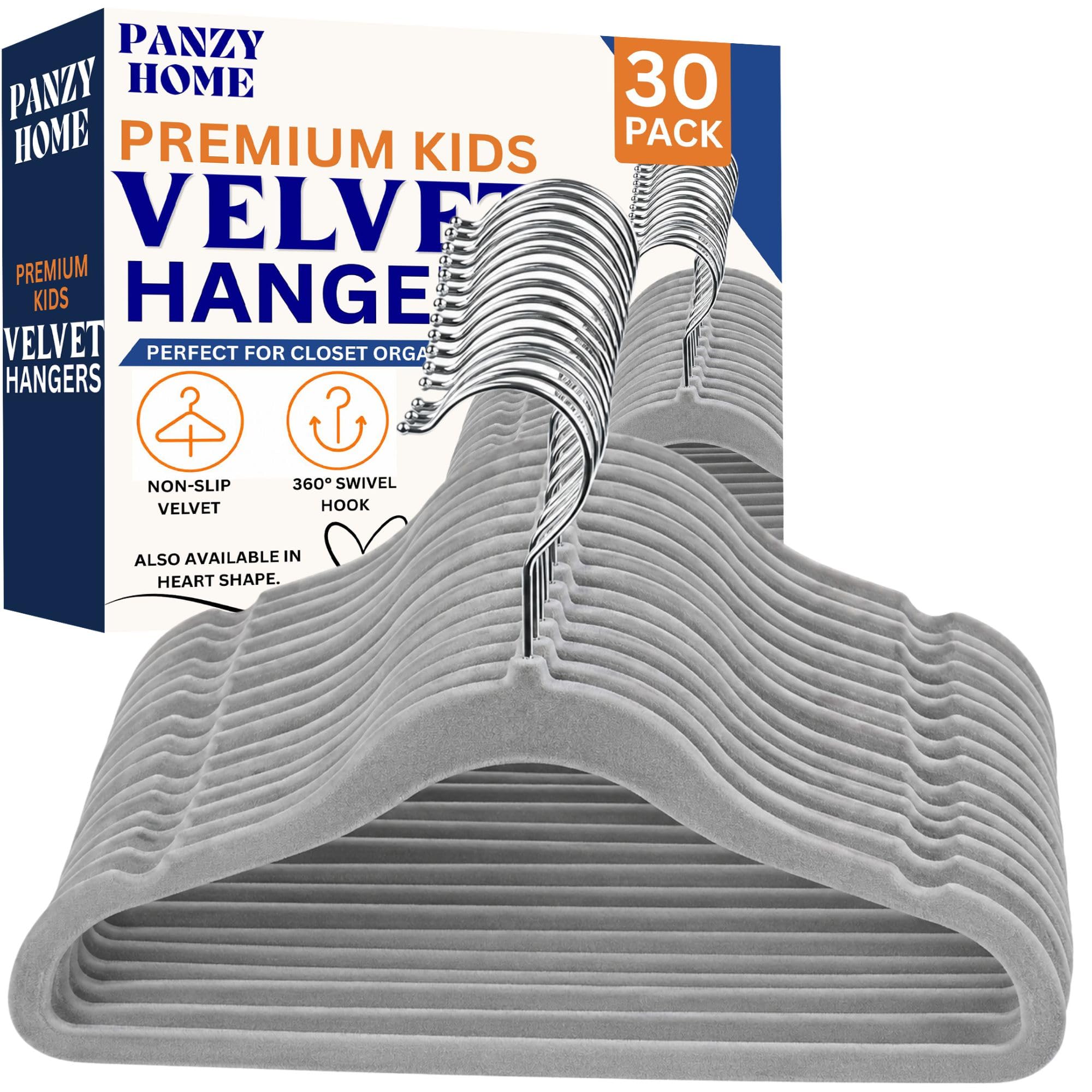 Panzy Home Grey 30 Pack Kids Velvet Clothes Hangers, Non-Slip Clothes Hangers For Infant And Toddler, Ultra-Slim Space Saving For Nursery Closet Organisation