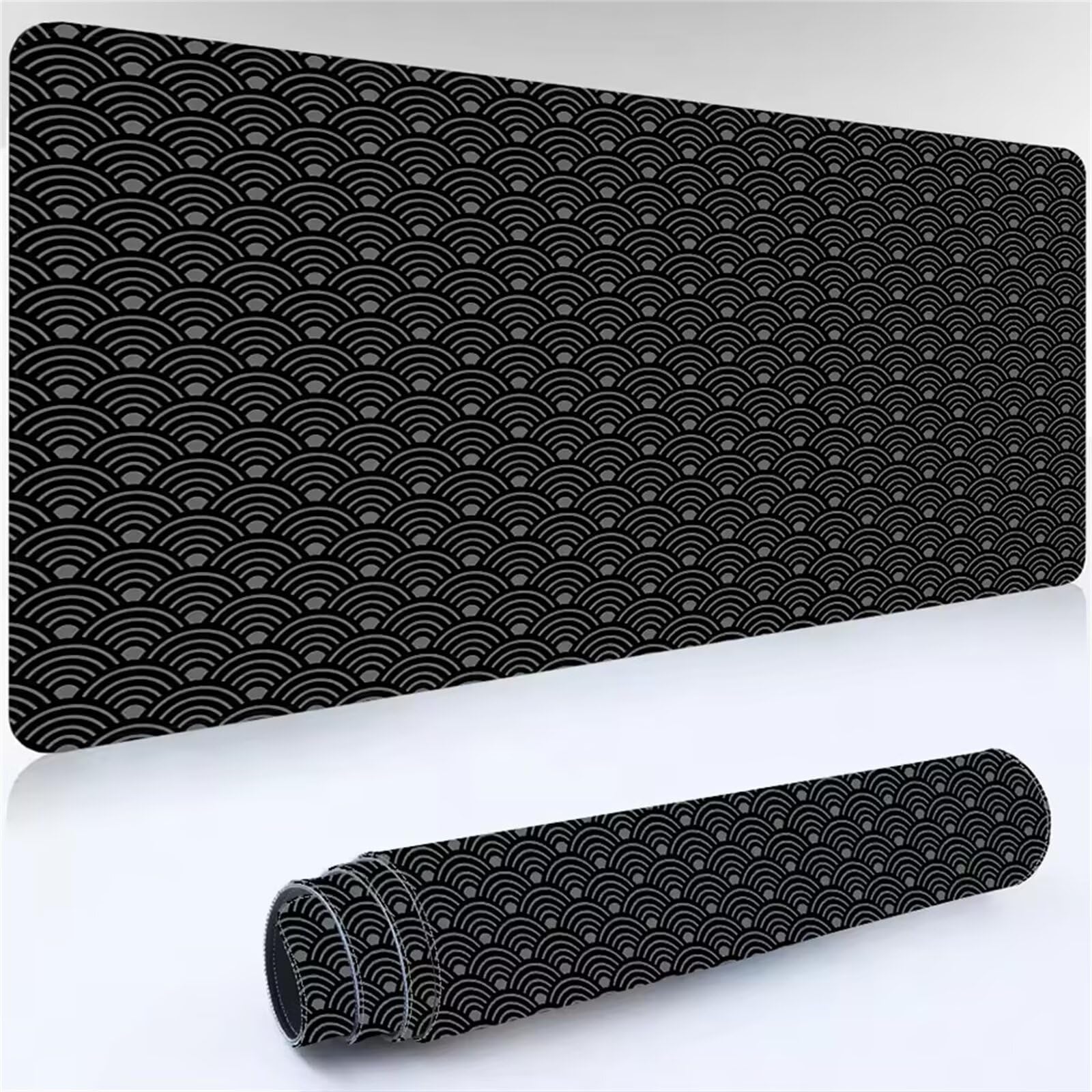 Grand Tapis de Souris XXL Vagues Noires 900 x 400 x 3mm, Tapis de Bureau Gamer avec Bords Cousus et Base Antidérapante pour Haute Précision et Vitesse