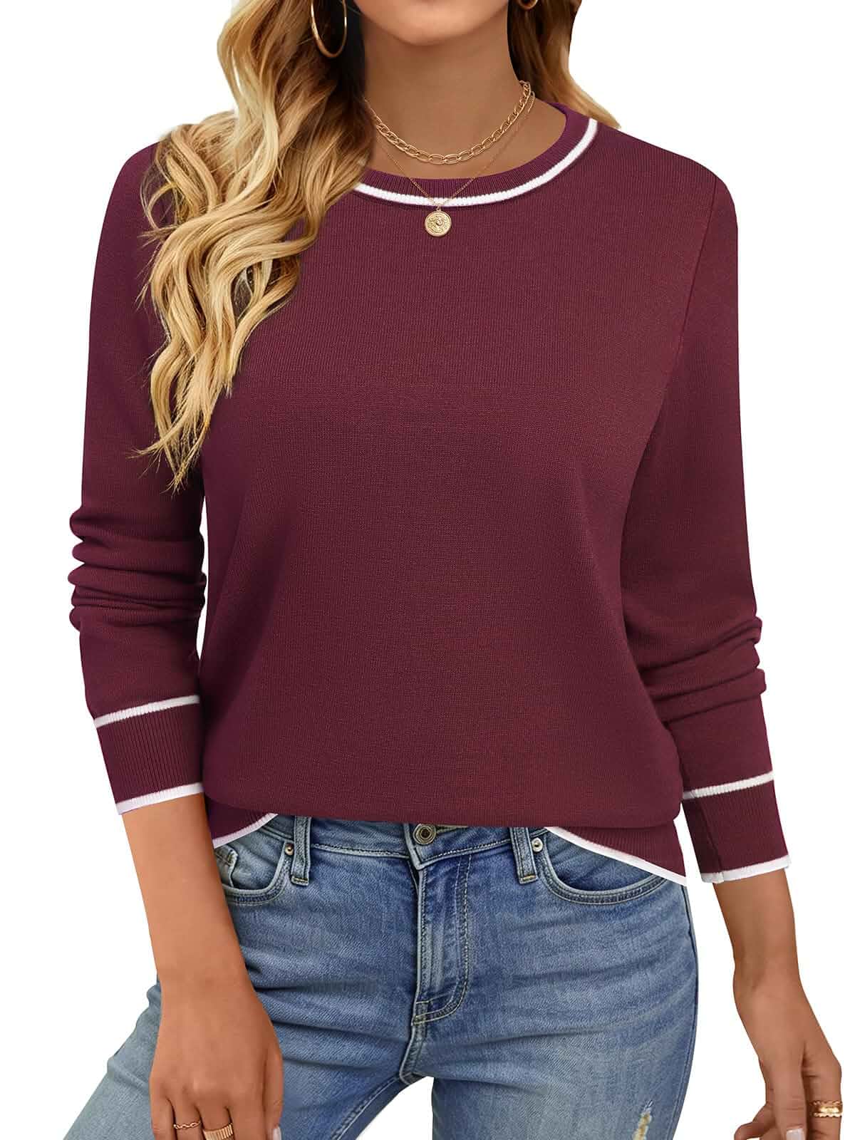 Womens Lightweight Long Sleeve Sweater Pullover Knit Crewneck 2026 Fall Soft Fine Knit Sweater with Contrast Trim Ribbed Cuffs Preppy Style Business Casual Office Layering Everyday Wear