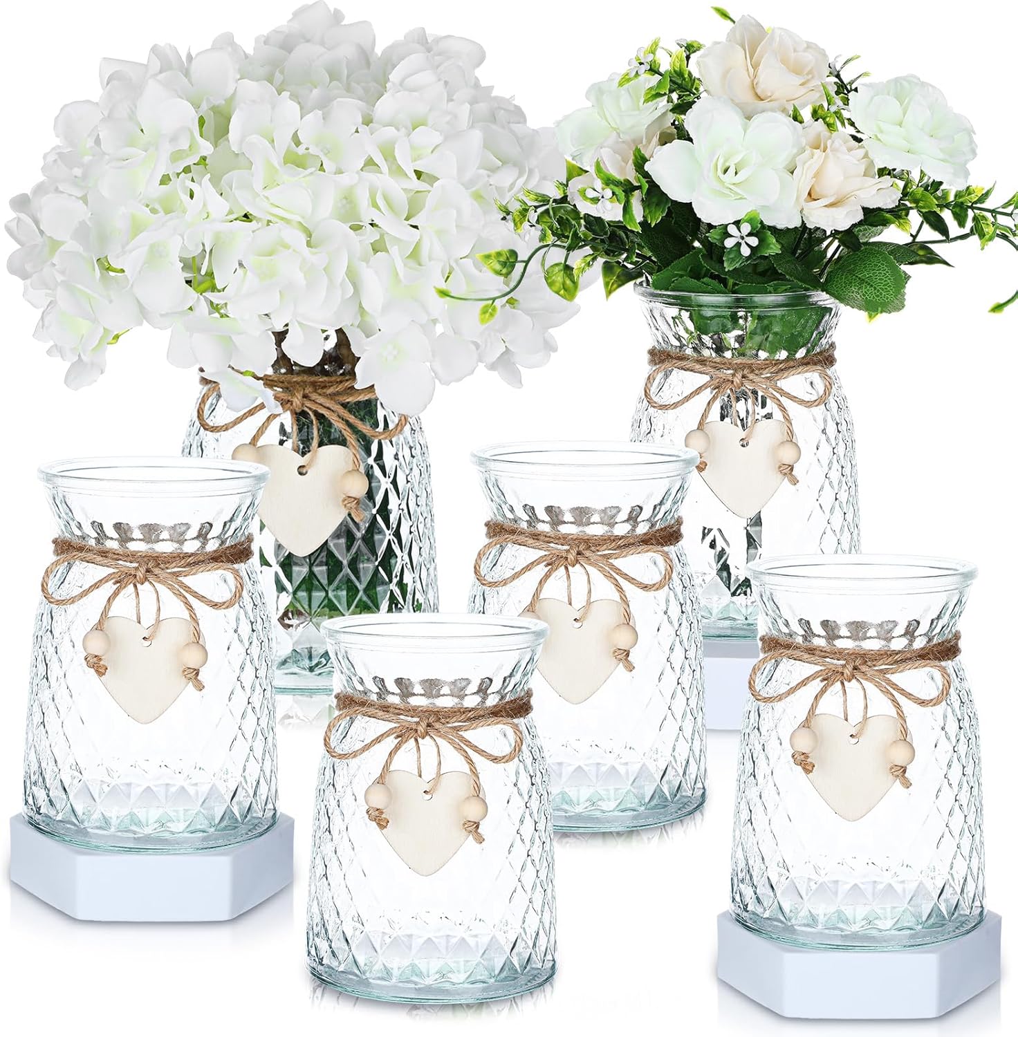 5 Pcs Glass Bud Vases with Twine Rope and Heart Label 6.3 Inch Boho Vintage Vase Flower Decorative Glass Vase for Centerpieces Holiday Wedding Home Table Decorations (Clear) Clear 6