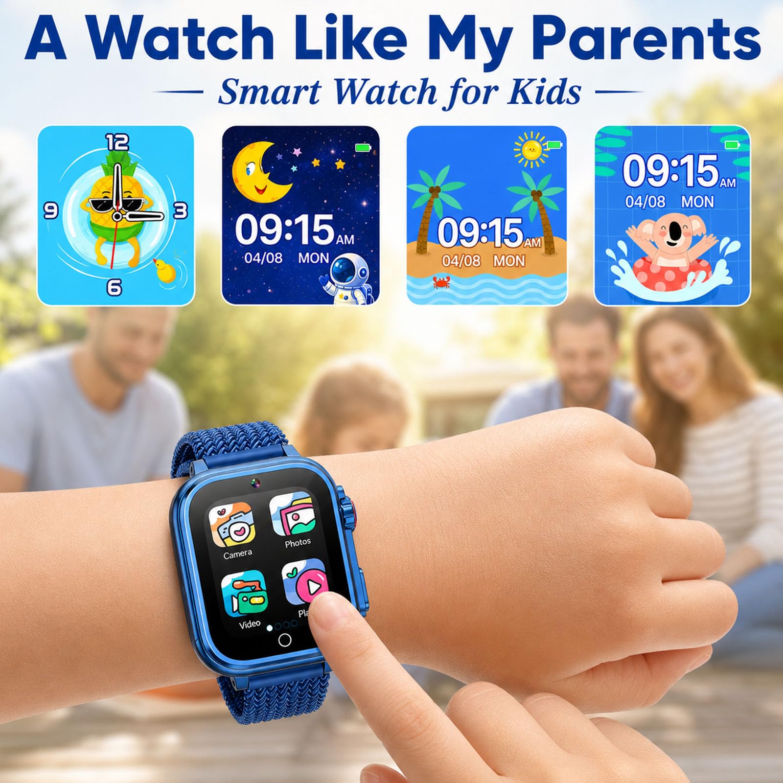 Orologio intelligente per bambini per ragazze e ragazzi dai 4 ai 10 anni, blu | 26 giochi integrati, touch screen HD, videocamera, lettore musicale, allarme