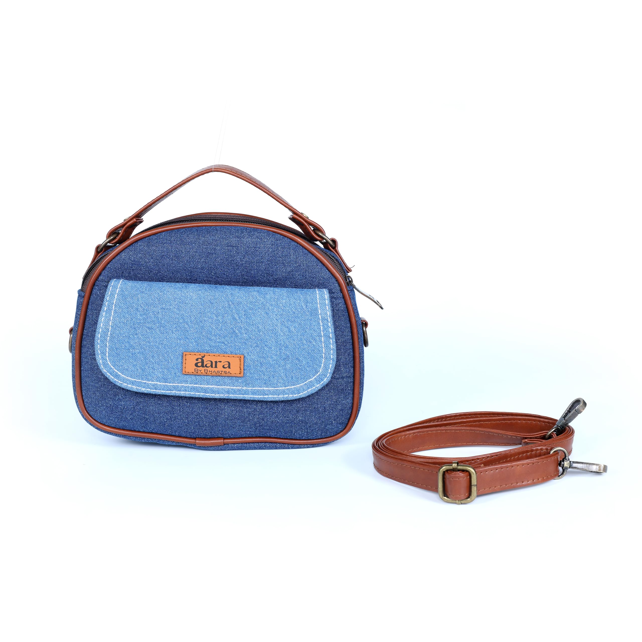 aara by bhastra aara Orbit Sling Bag | Premium Denim & Vegan Leather Crossbody Bag | Compact Travel & Everyday Sling with Dual Zip Compartments, Magnetic Flap Pocket & Adjustable Strap for Men & Women - Black-picture-37