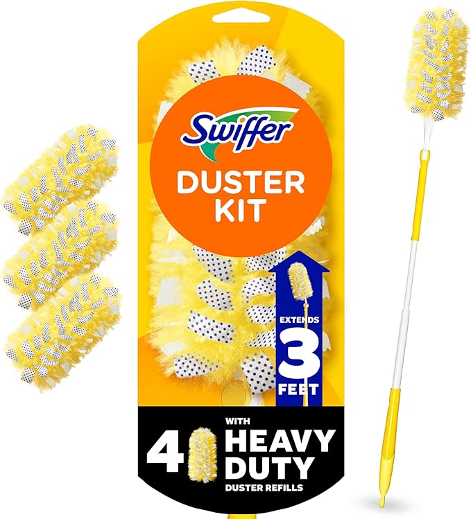 Swiffer Duster Kit with 6 ft Super Extendable Handle, Heavy Duty Dusting Starter Kit with 4 Refills, for Ceiling Fans, Vents and Hard to Reach Places