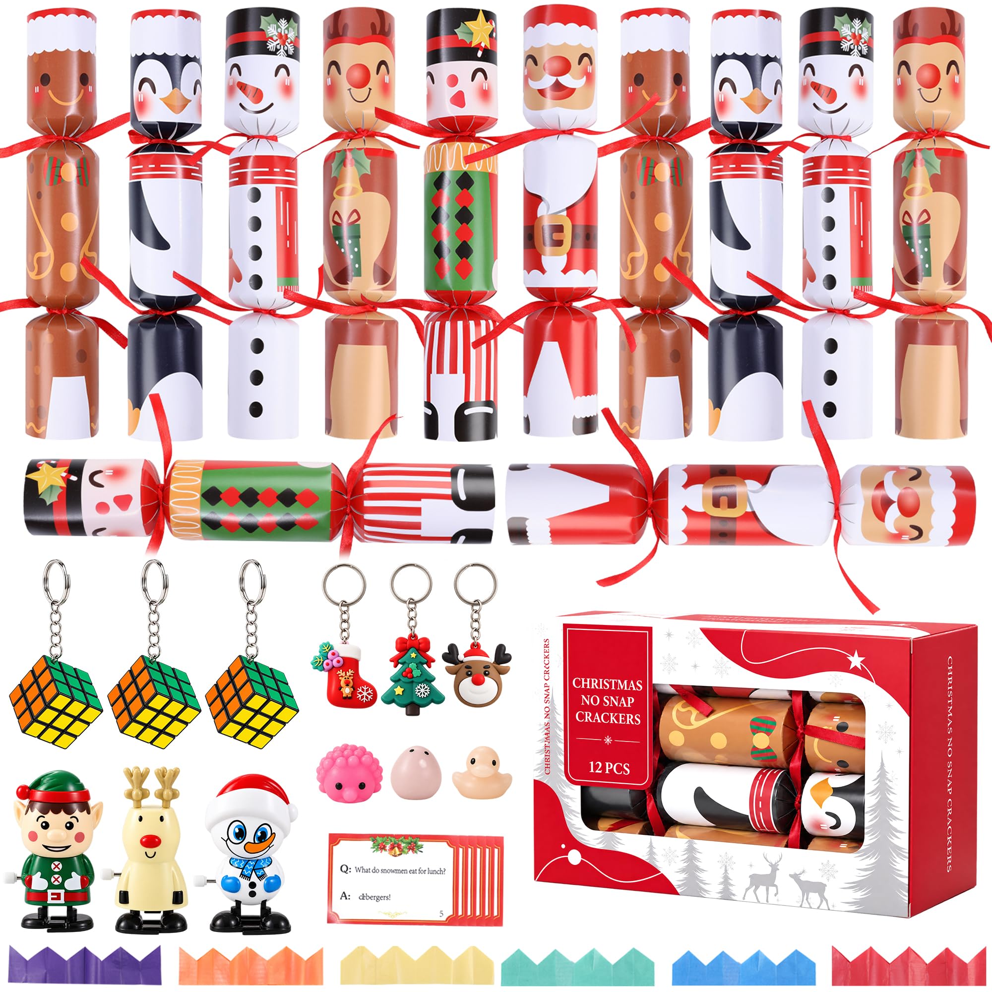 TIKONT 12 Pack No Snap Christmas Crackers for Kids – Xmas Crackers Set with Hats, Jokes & 12 Surprise Gifts Party Favor for Family Dinner & Table Decoration