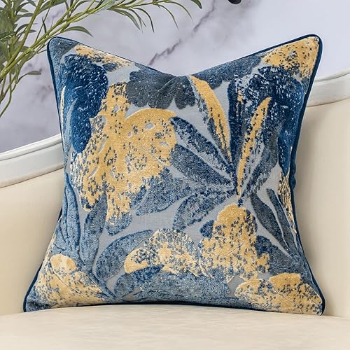 Yangest Funda de almohada cuadrada de terciopelo con hojas azules, funda de cojín moderna de lujo para sofá, sala de estar, dormitorio, 20 x 20