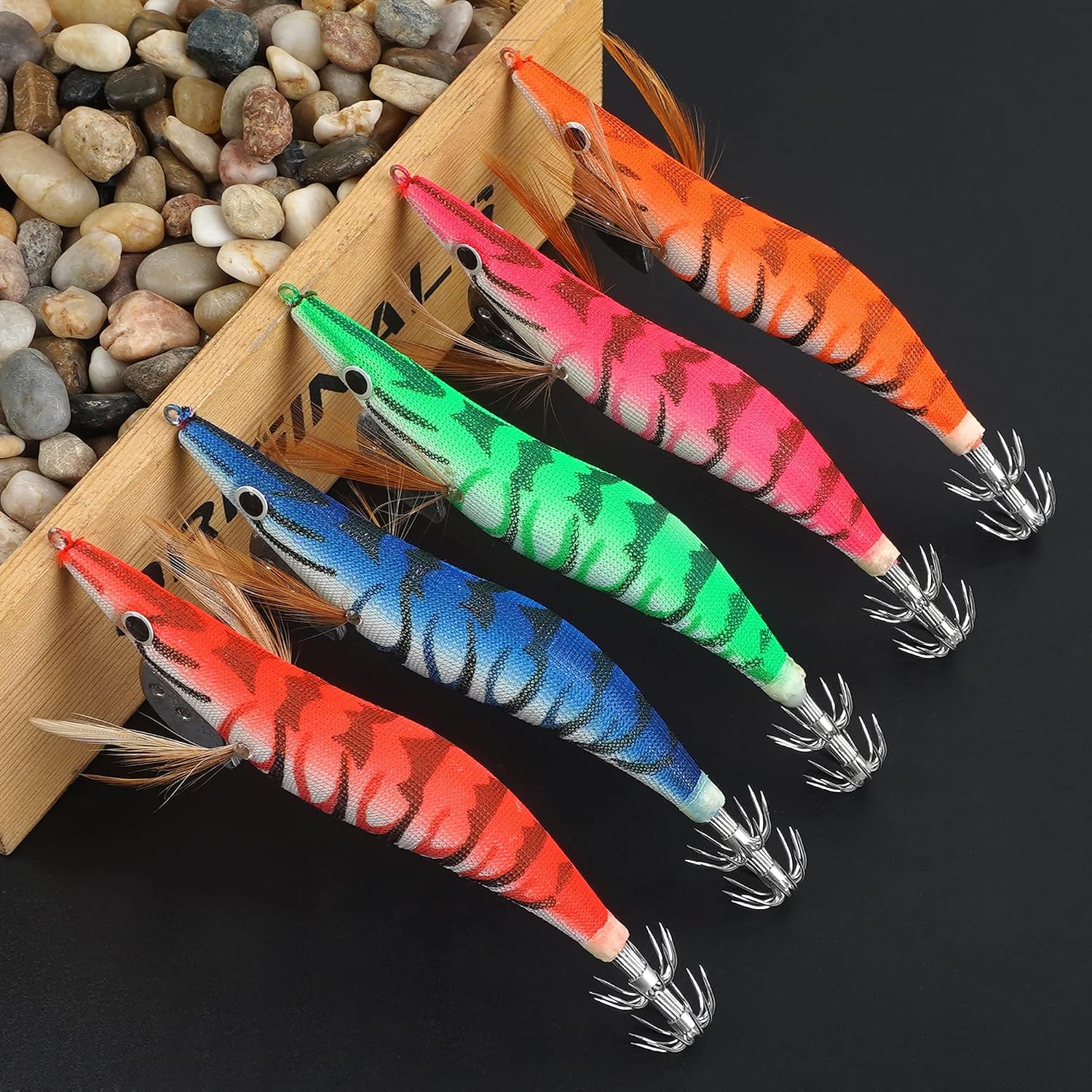 5pcs/10pcs Luminous Squid Jig Hooks Bionic Shrimps Lures Prawn Saltwater Hard Bait 3D Eyes for Octopus Jig Cuttlefish Artificial Baits Fish Tackle 3.94inch