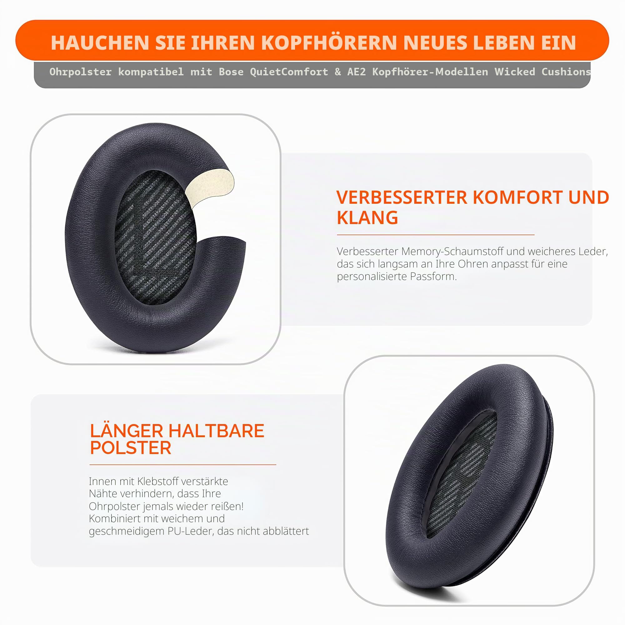 WC Wicked Cushions Ersatzohrpolster Kompatibel mit Bose QuietComfort 35 (QC35) & QuietComfort 35ii (QC35ii) Kopfhörern & mehr - Verbesserter Komfort & Haltbarkeit | Black