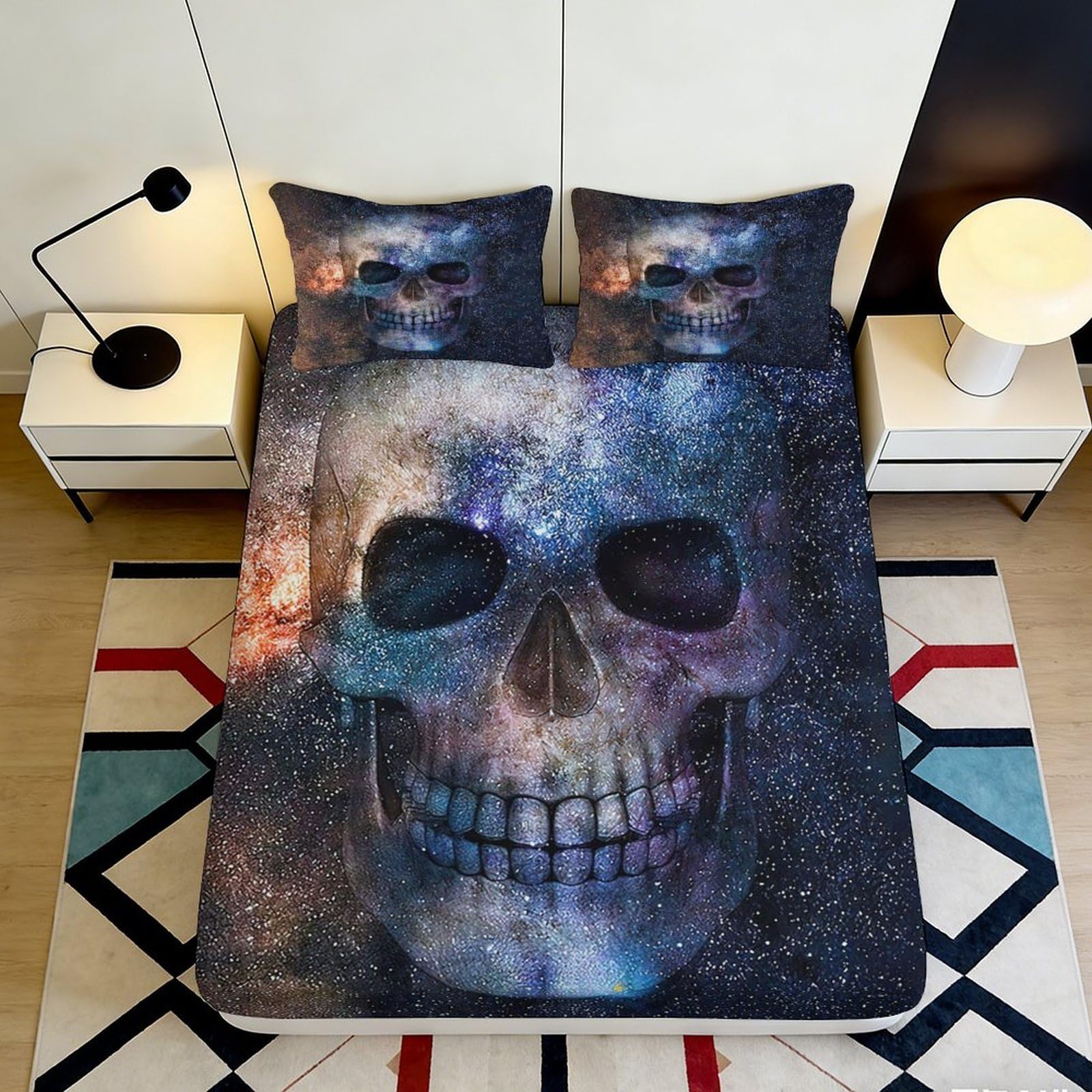 3D Printed Galaxy Skull Fitted Sheet Microfiber Soft Bed Cover Cosmic Nebula Mattress Cover for Bedroom Decor 90x200x25cm