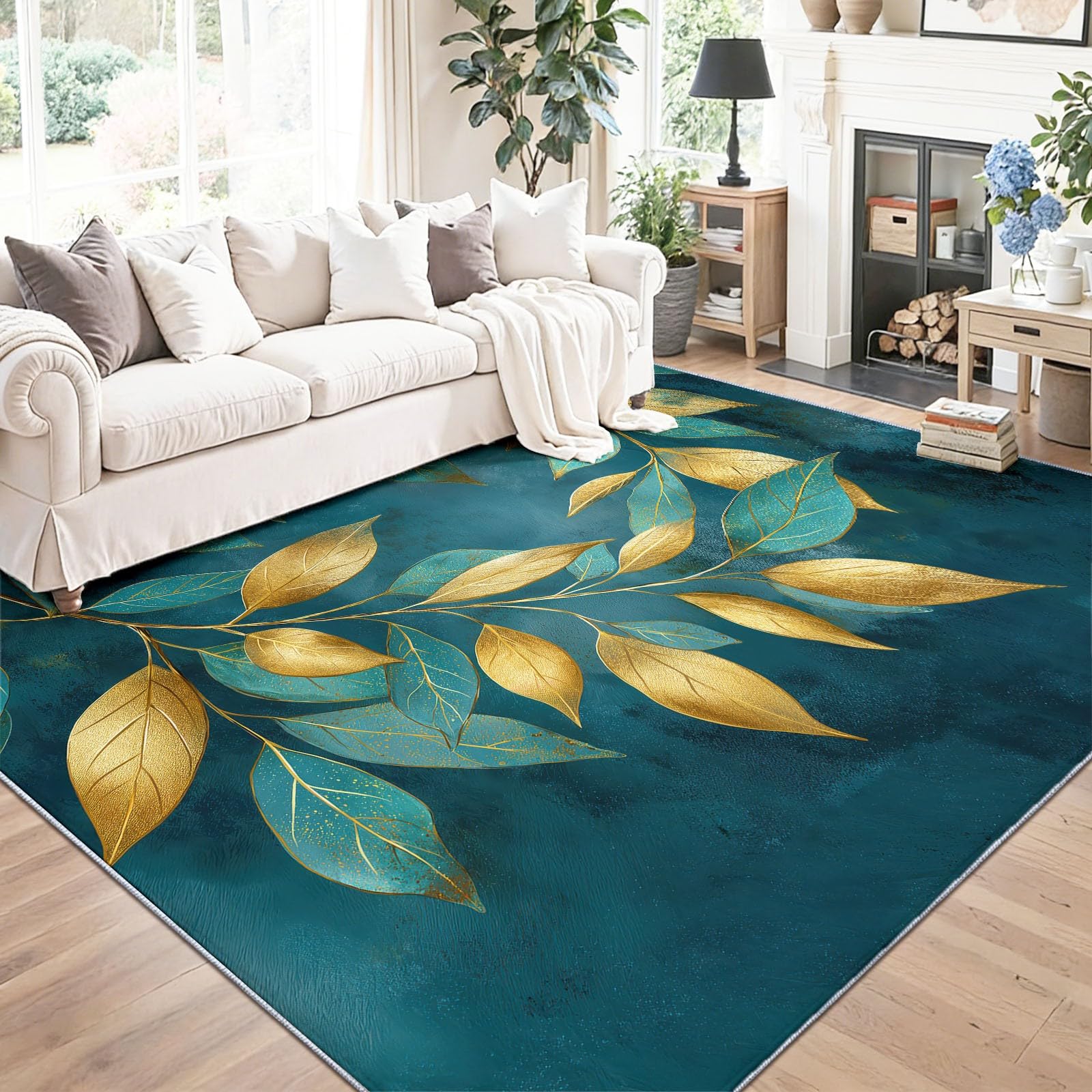 Dywan z roślinami, 160 x 230 cm, zielone liście, gałązki, można prać w pralce, duży dywan do salonu, antypoślizgowy, miękki, niski runo, do sypialni i jadalni, trwały wystrój domu