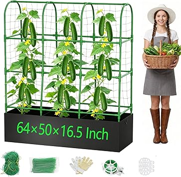 Cucumber Trellis with Grow Bag,63.8"49.6"16.5" Trellis for Climbing Plants Outdoor,U-Shape Reusable Metal Garden Arch Trellis with Net, for Fruit Flower Support for Pea, Grape Vine Type Plants
