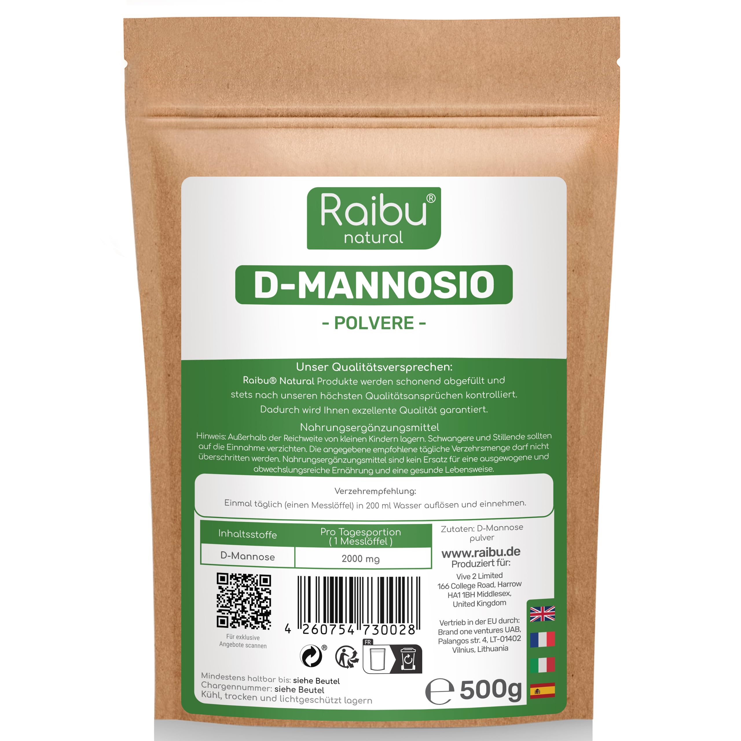 D-​Mannosio puro in Polvere 500g – Raibu D Mannosio Polvere Confezionato e Testato in Europa I Naturale e Vegan I Cucchiaio Dosatore Incluso