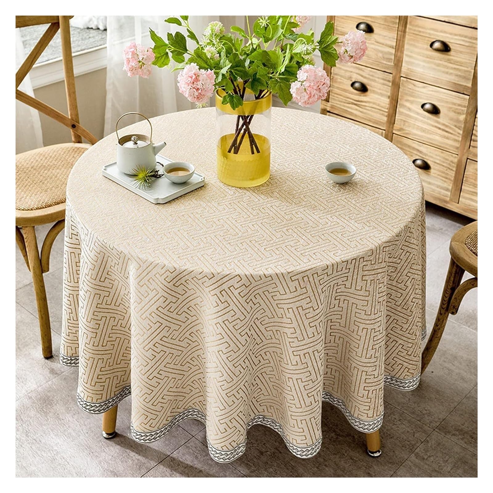 Nappe de table ronde haut de gamme en coton lin et polyester robuste 220cm
