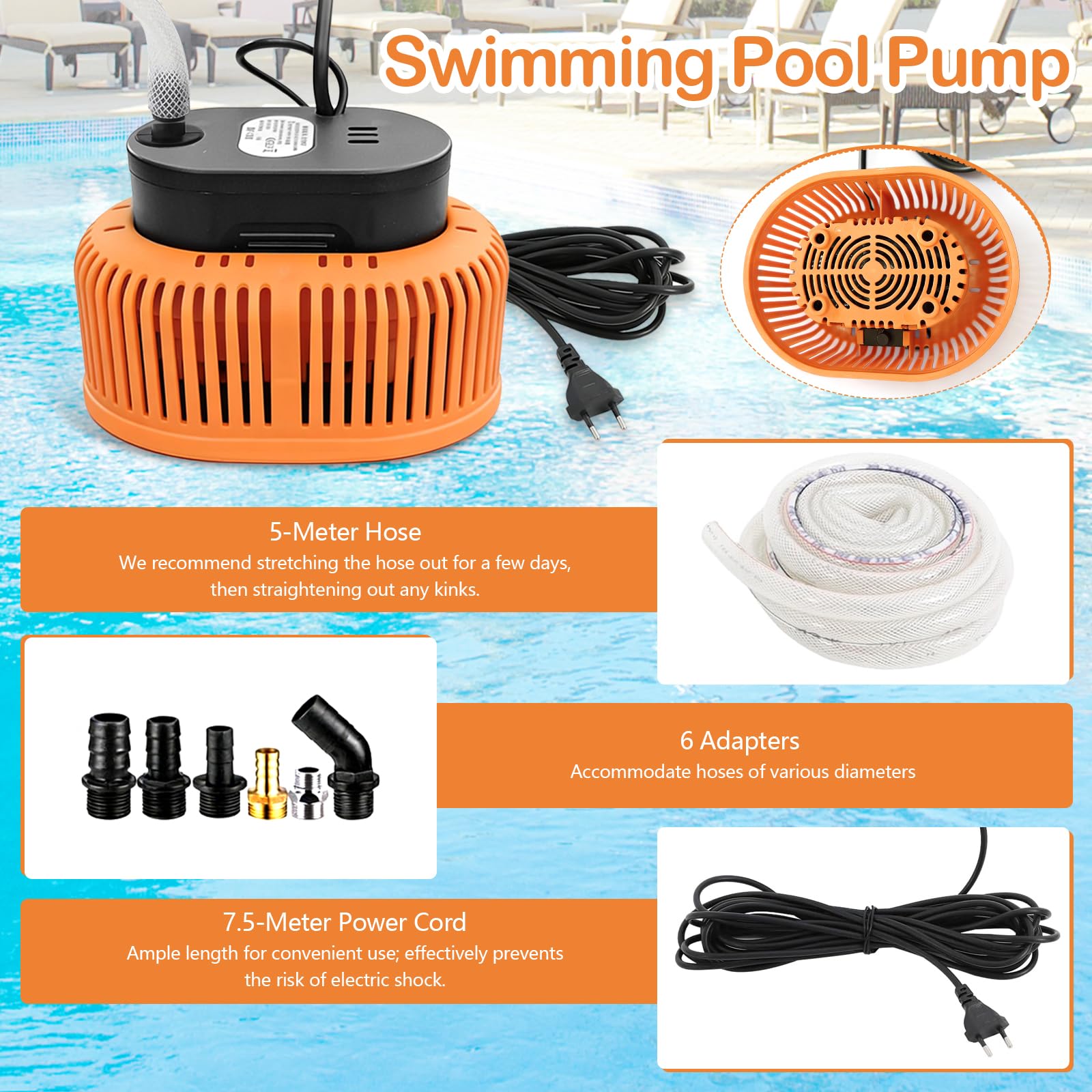 Pompa Sommergibile Acque Scure, Pompa Sommersa 75W 3200L/H pompa di Scarico per Copertura con Cavo da 7,2 m, 6 Adattatori Diversi, Tubo da 5 m Protezione Dalla Mancanza d'acqua