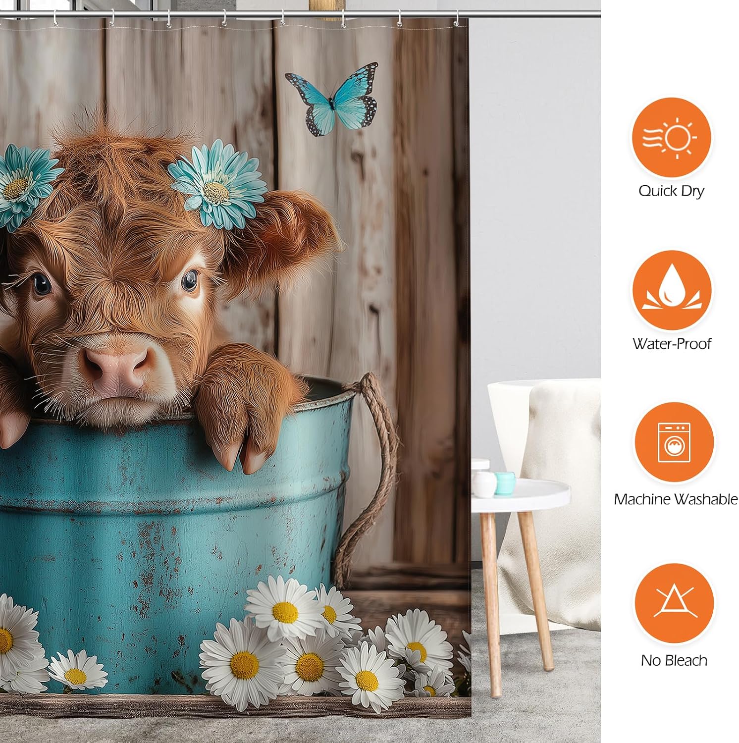 Aimego Funny Highland Cow Shower Curtain, Rustic Country Daisy Floral Wood Plank Farmhouse Butterfly Flowers Bathroom Decor Bathtub Curtain Fabric Shower Curtain Set with 12 Hooks, 72"x72" image 5