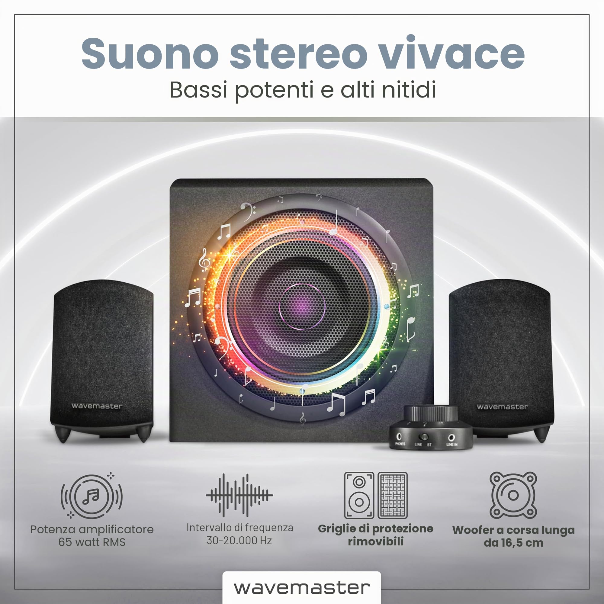 Wavemaster 66206 Moody Bt 2.1 Sistema di Altoparlanti (65 Watt) con Utilizzo di Casse Acustiche Streaming Bluetooth per Tv/Tablet/Smartphone/PC Color Nero