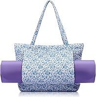 Sadnyy Blue Floral Quilted Yoga Mat Bag with Pocket & Adjustable Strap - Cute Cotton Tote for Women, Pilates, Travel, Gym, Beach