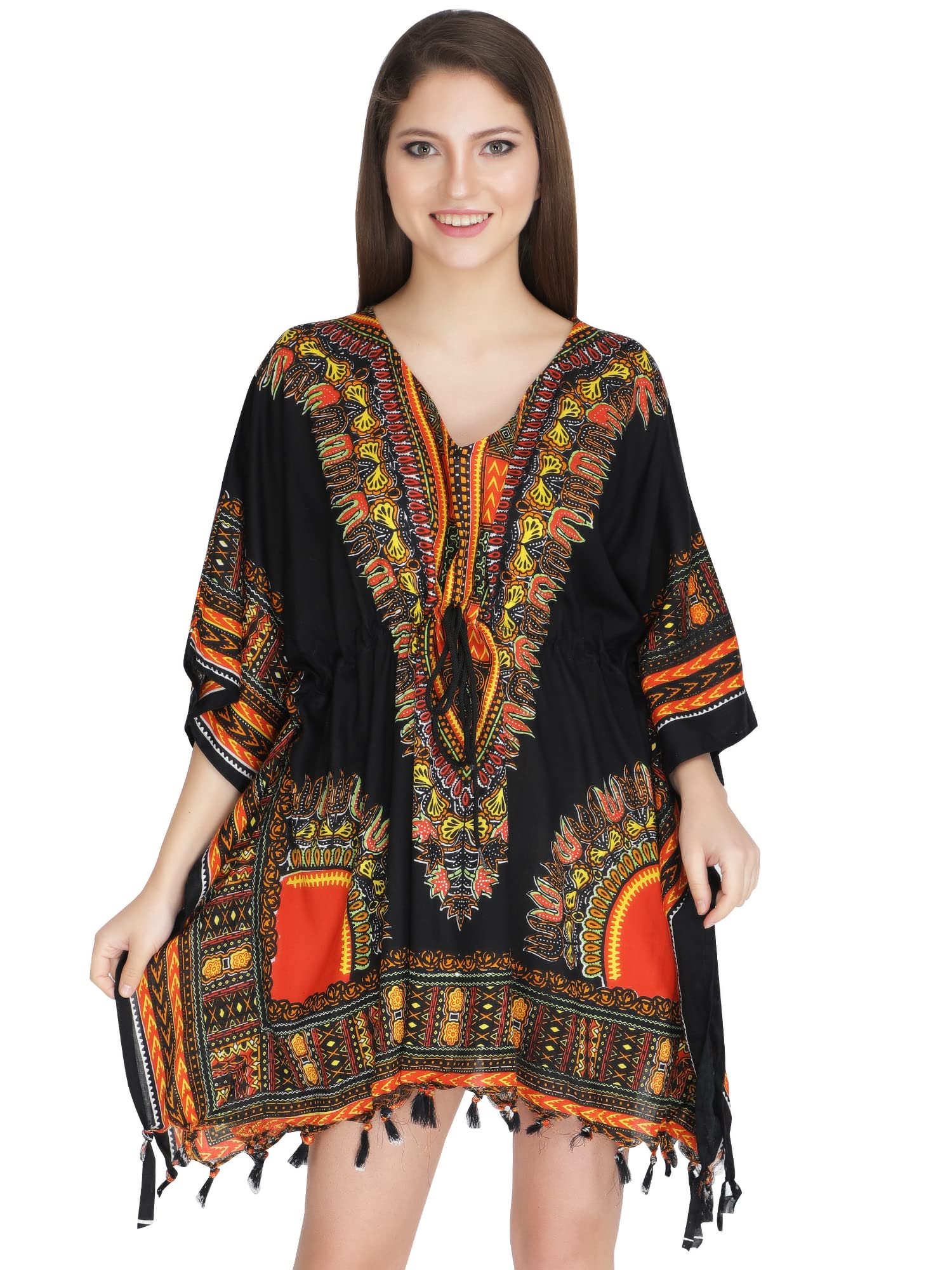 ukal Women's Short Dashiki Print Kaftan Dress Beach Wear Kimono Nighty (Black, Rayon)-picture-12
