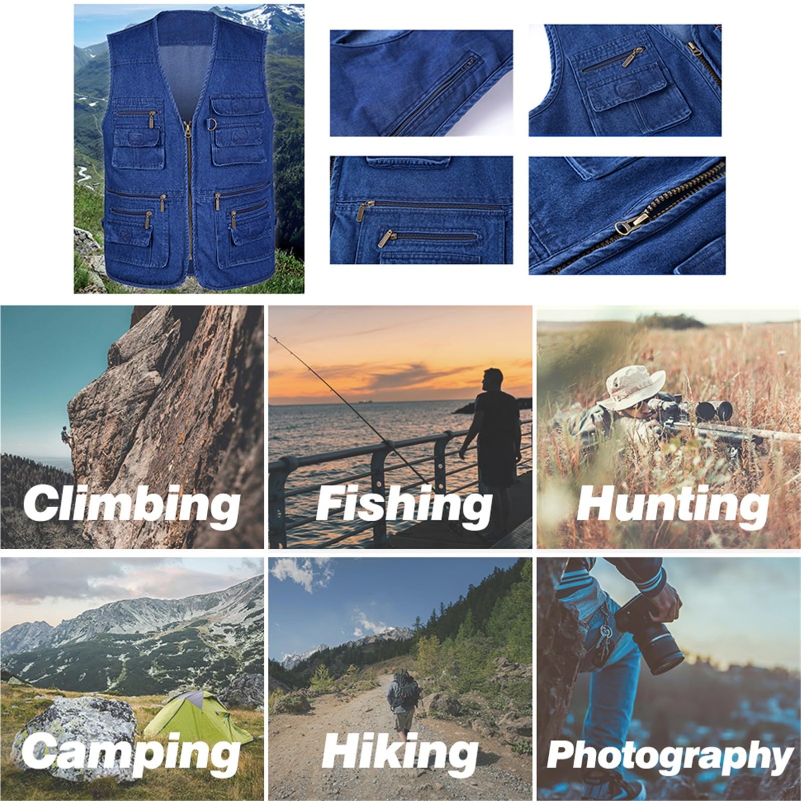 CLSQLXYJZC Gilet Leggero Uomo, Gilet Da Cowboy Estivo Versatile Da Uomo Multitasche Con Cerniera Per Pesca E Fotografia, Pesca Traspirante Fotografi, Per Safari Ed Escursionismo