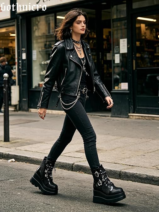 Gothniero Goth Platform Boots Black Gothic Chunky Heel Boots for Women Combat Ankle Wedge Booties with Side Zip Lace Up Size 3UK-8UK