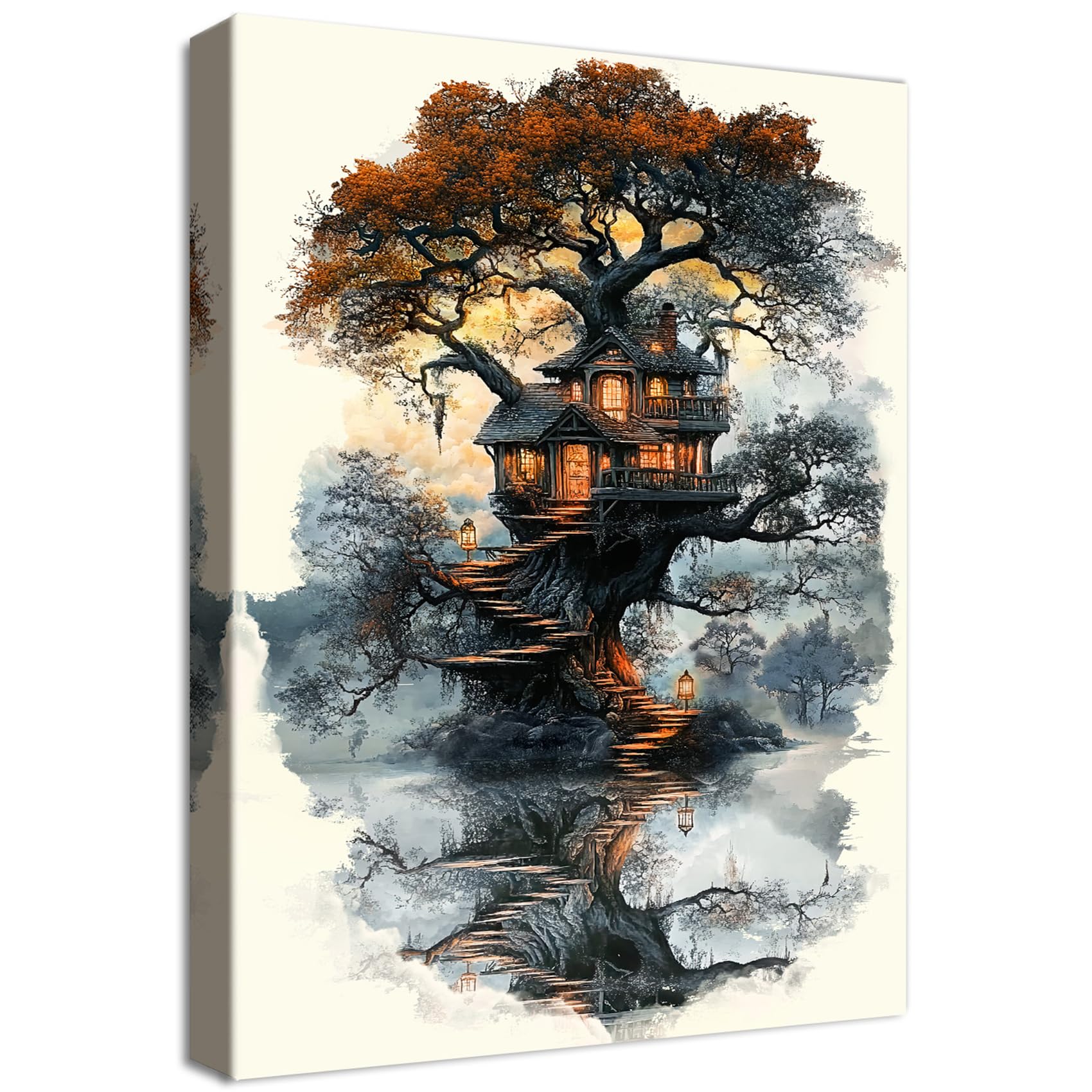 HALFLEMART Mystischer Wald Baumhaus Leinwand Bilder Mit Rahmen Dunkelheit Vintage Grau Braun Bild Wandbilder Wandkunst Kunstdruck auf Leinwand Malerei Wohnzimmer Korridor Bar Laden Wanddekor 30x40cm