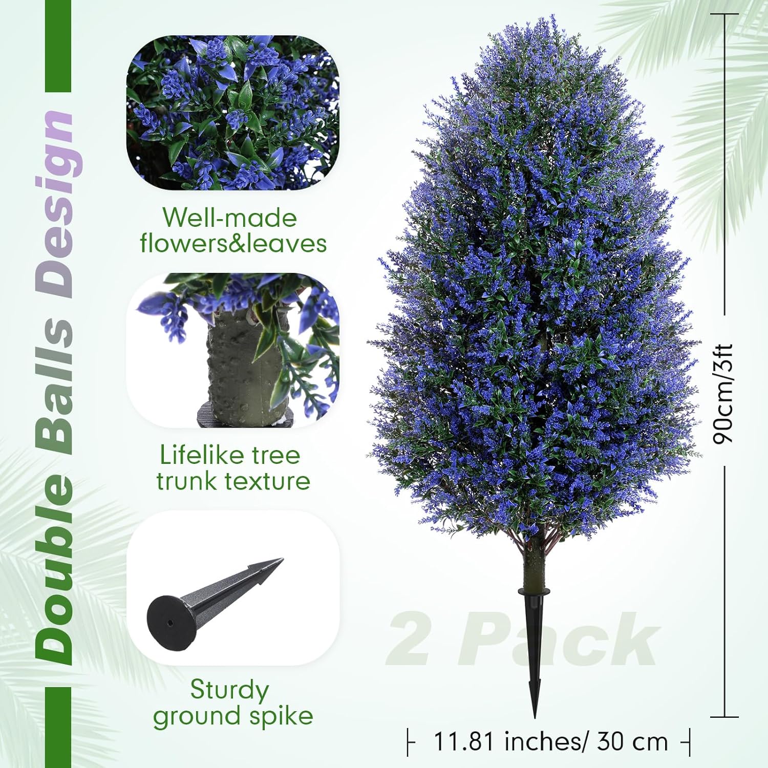 2 Pack 3ft Artificial Lavender Topiary Tree Faux Lavender Bush Large Outdoor Plants, Topiary Ball with Ground Spike UV Resistant, Fake Shrub Greenery Plants Tree for Porch, Home, Garden Decor