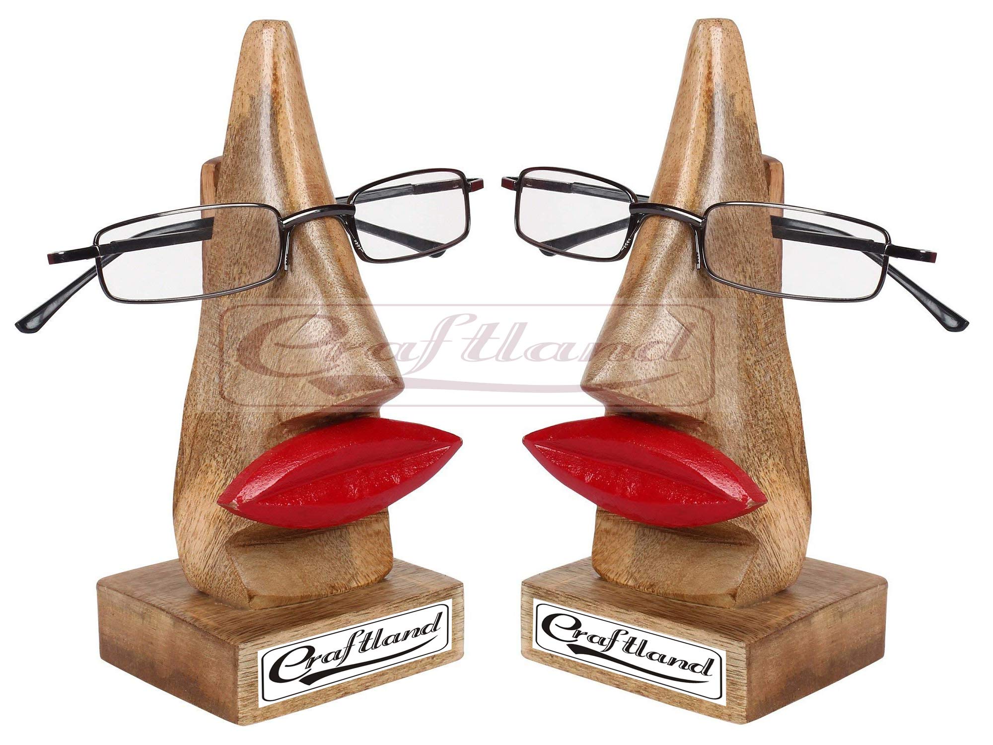 Craftland Pair of Wooden Nose Shaped Spectacle Holder Stand with Red Lips (Standard, 2Pcs)