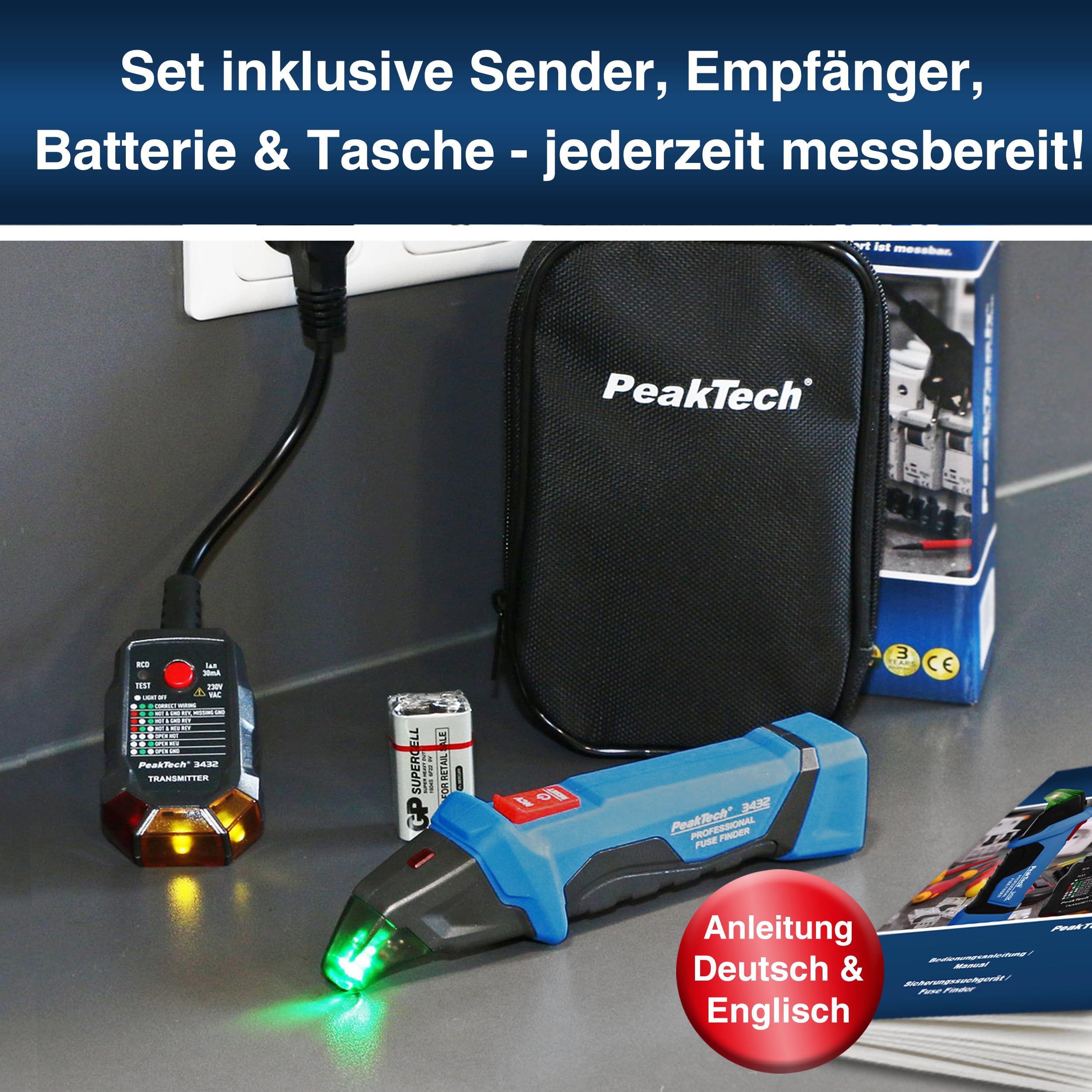 PeakTech P 3432 Sicherungsfinder Ortungsgerät für Stromkreise Spannungsprüfer berührungslos 230V Schuko NCV Phasenprüfer Leitungssuchgerät