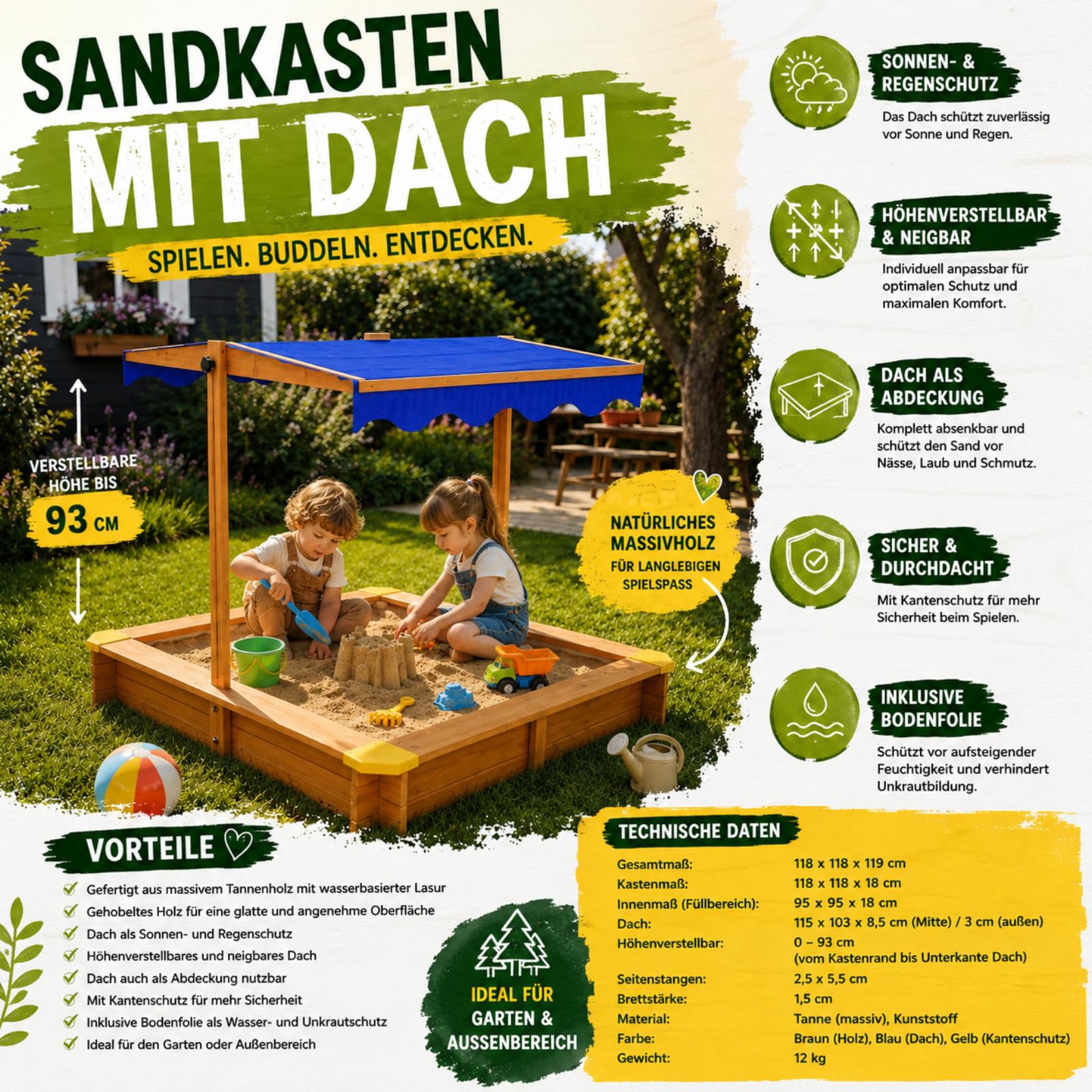 HAGO24 Sandkasten Sandbox Sandkiste Massivholz Dach UV-Schutz Bodenvlies Kinder Garten Spielzeug Sicherheit Outdoor Spielspaß Abdeckung Neigbar Höhenverstellbar