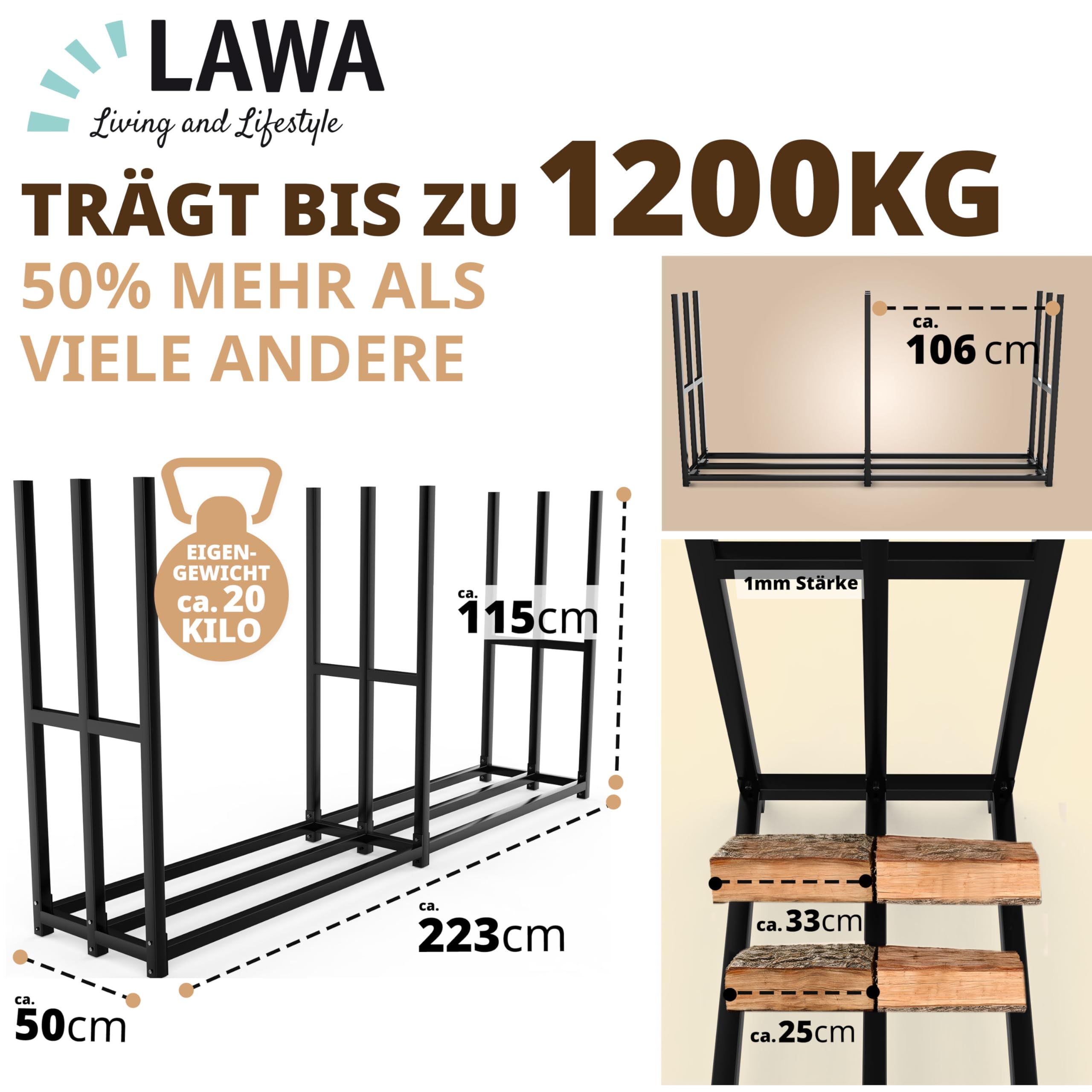 LAWA Kaminholzregal Metall verzinkt 223x50x115 cm schwarz | aussen, 61cm Abdeckplane, wetterfest, Feuerholzregal Garten, Stapelhilfe für Brennholz mit Abdeckung, 25cm I 30cm Holzscheite