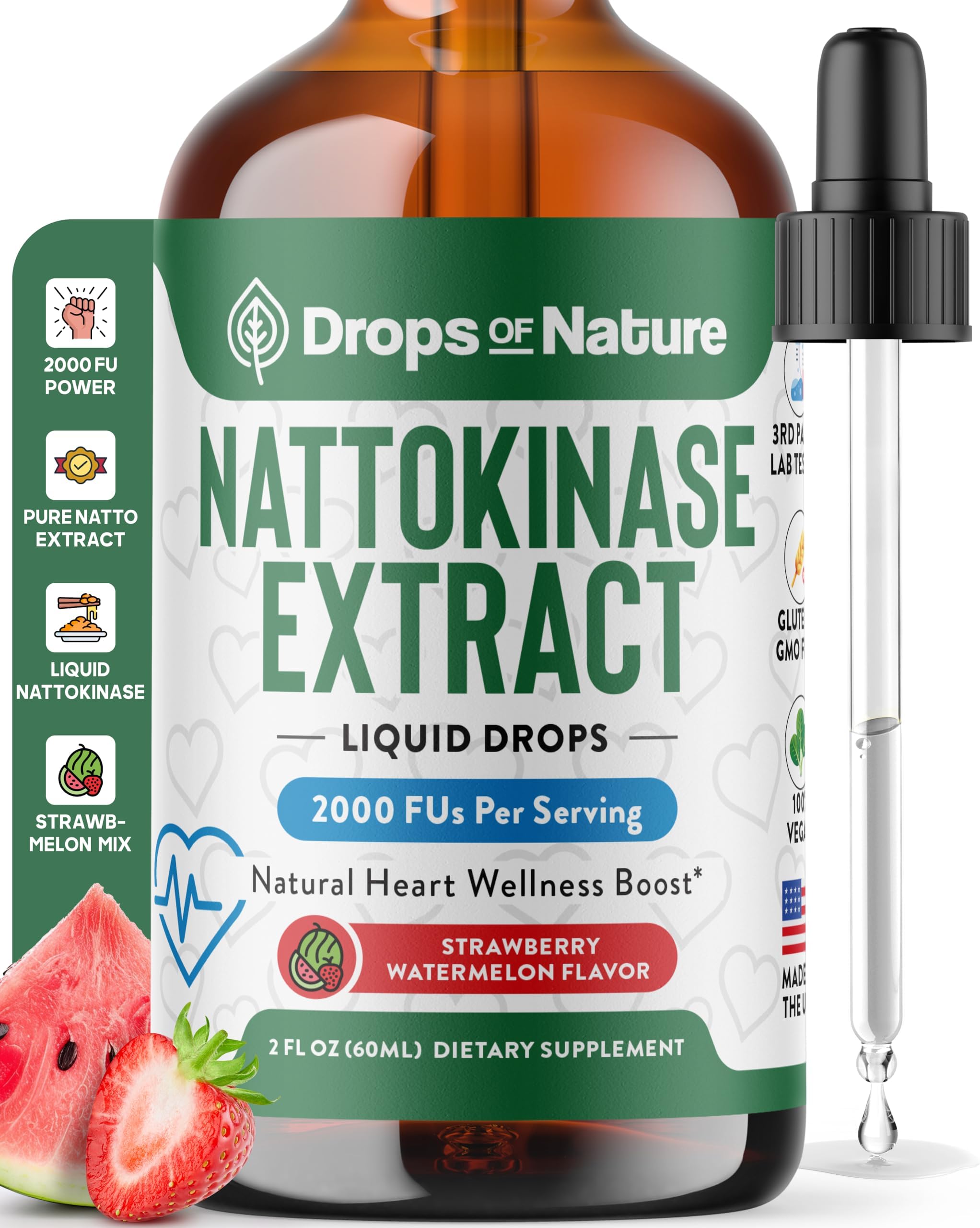 Nattokinase Supplement Liquid Drops โ Made of Nattokinase 2000 FU Extract โ Vegan, GMO-Free โ Liquid Alternative to Natto Veggie Caps โ Aids in Maintaining Heart Wellness (Strawberry Watermelon, 60mL)