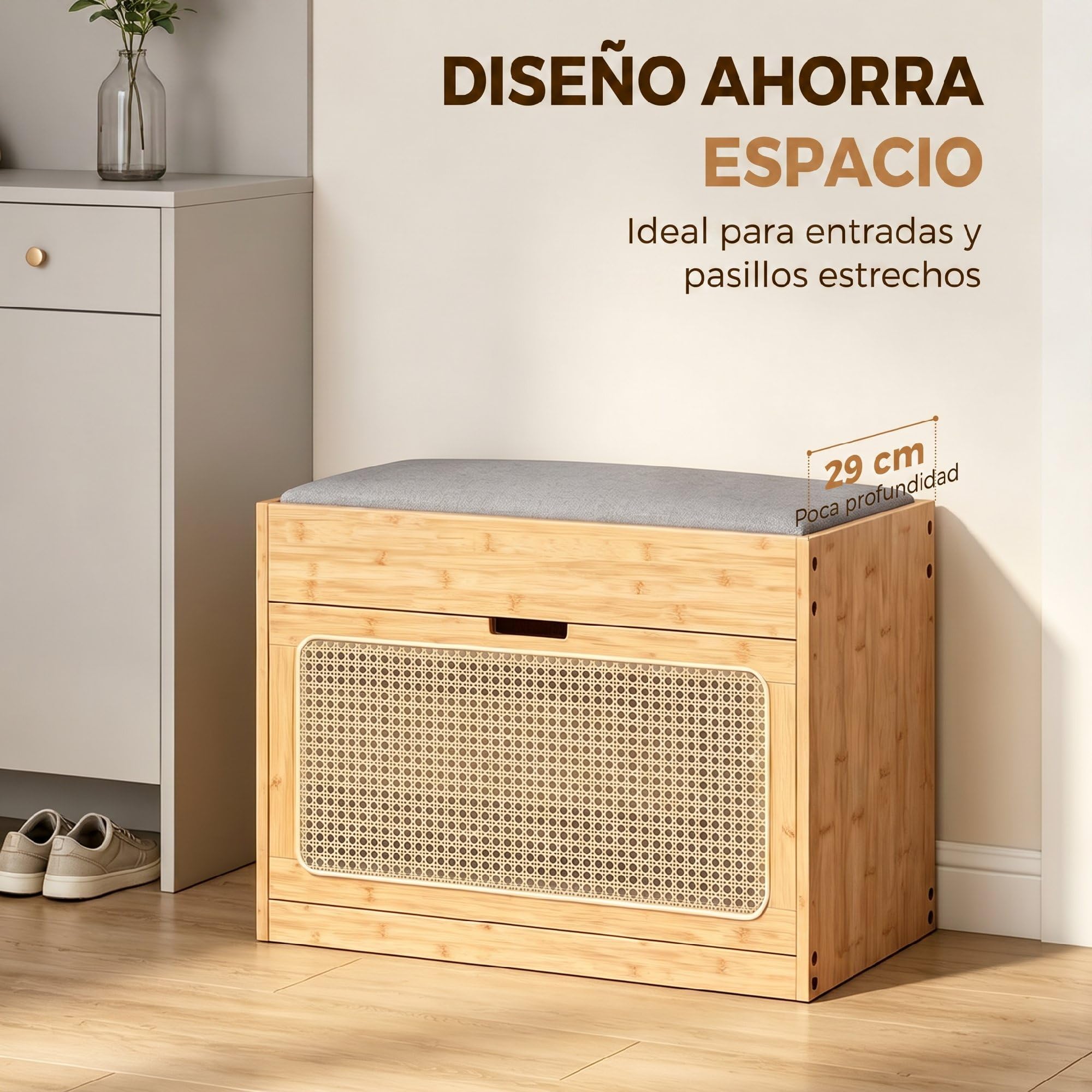 HOMCOM Banco Zapatero con Asiento Acolchado 63x29x48 cm Natural y Gris | Banco Recibidor, Cajón Abatible, Puerta de Ratán, Estante Ajustable, para Entrada, Pasillo, Salón